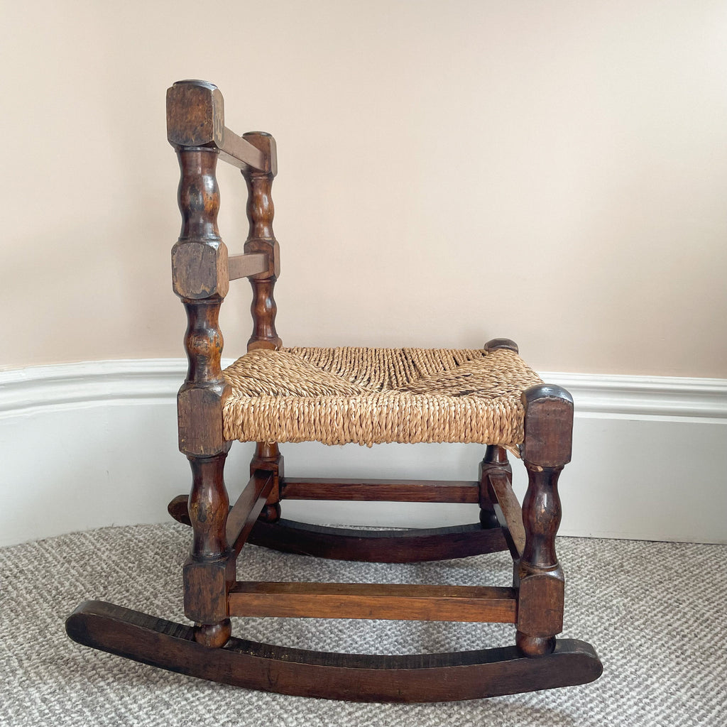 Vintage 1950s children’s rocking chair with rush rope seat - Moppet