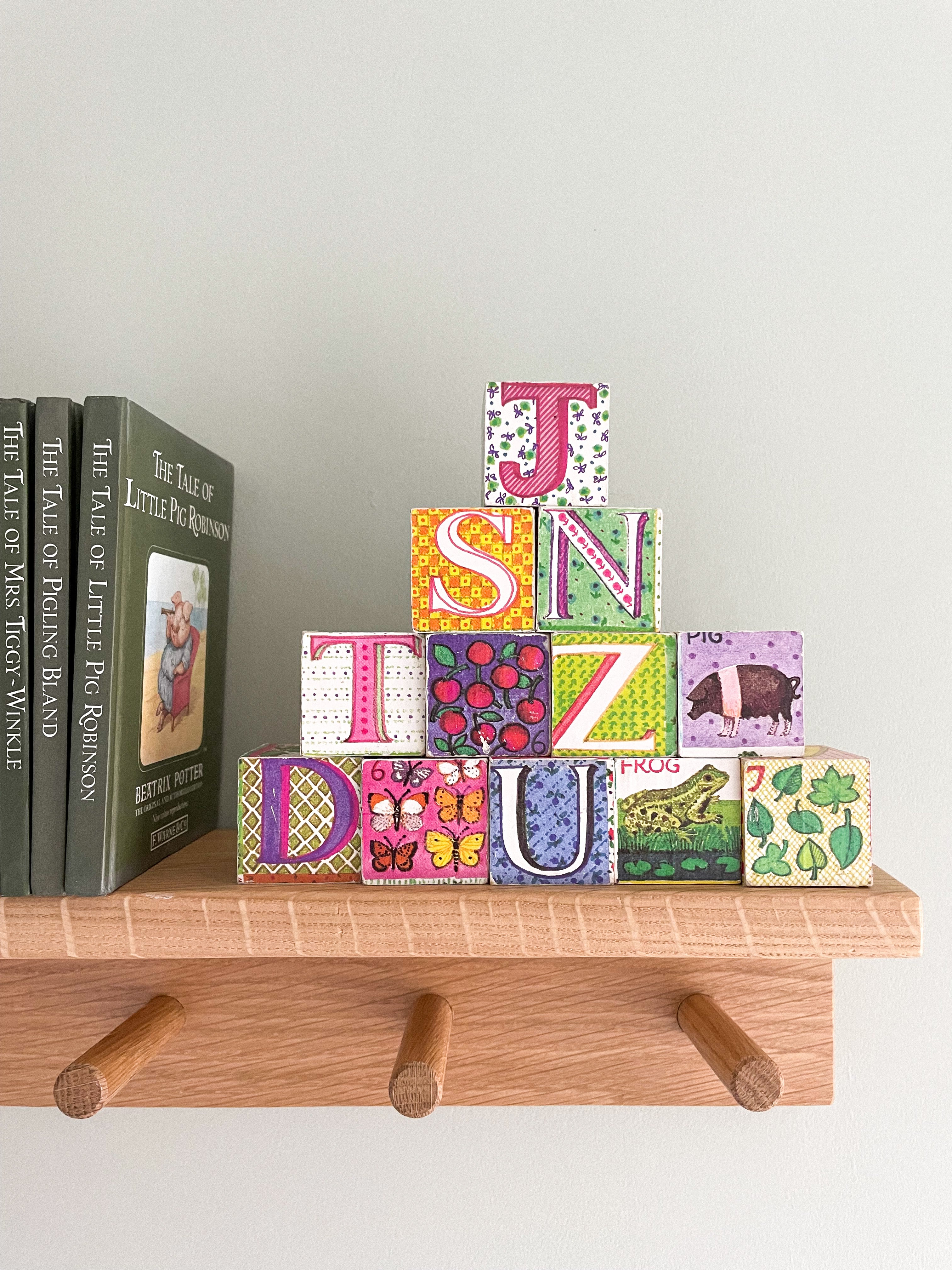 Vintage 1960s wooden stacking alphabet picture building blocks - Moppet