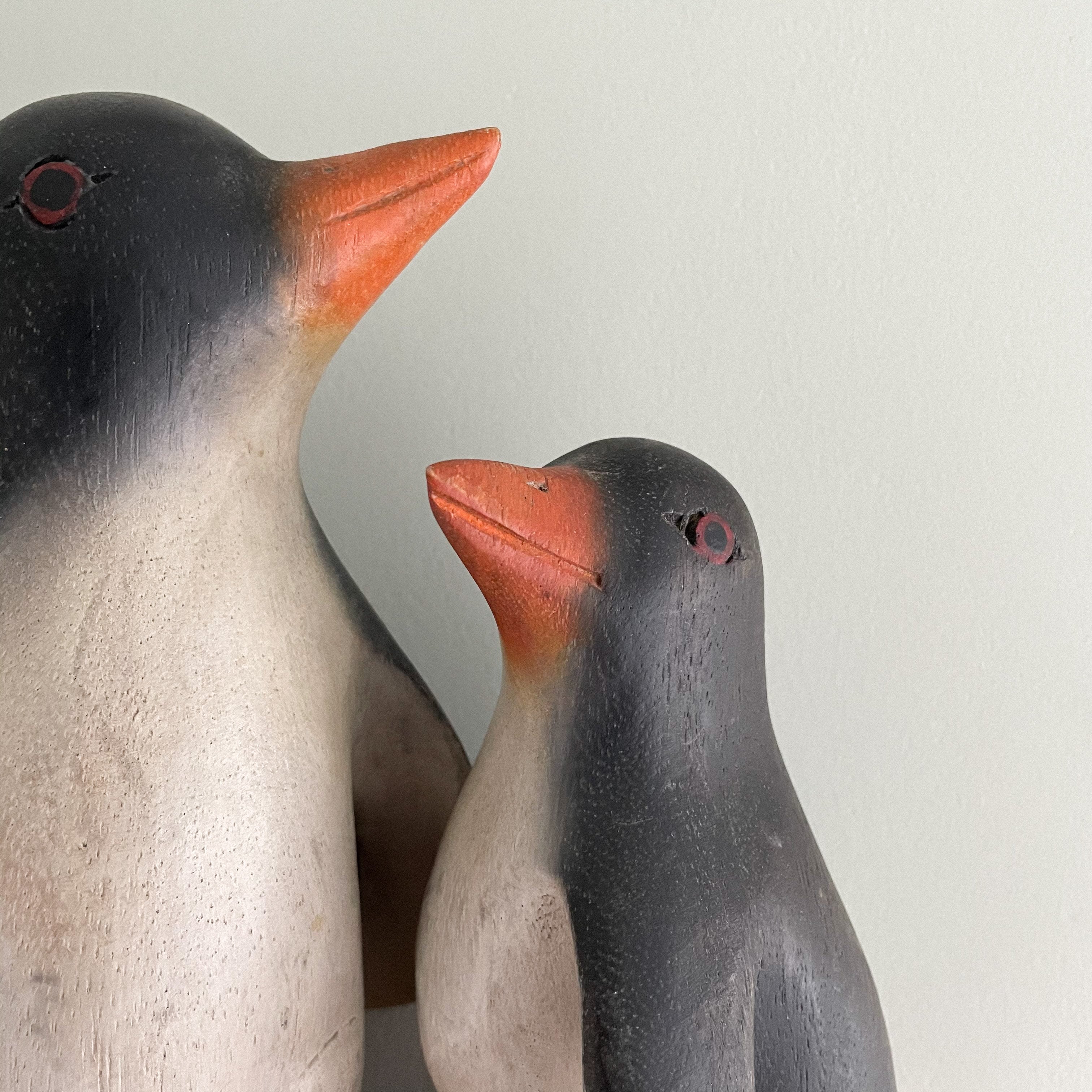 Vintage hand-carved wooden folk art penguin figurines pair: mummy and baby penguin - Moppet
