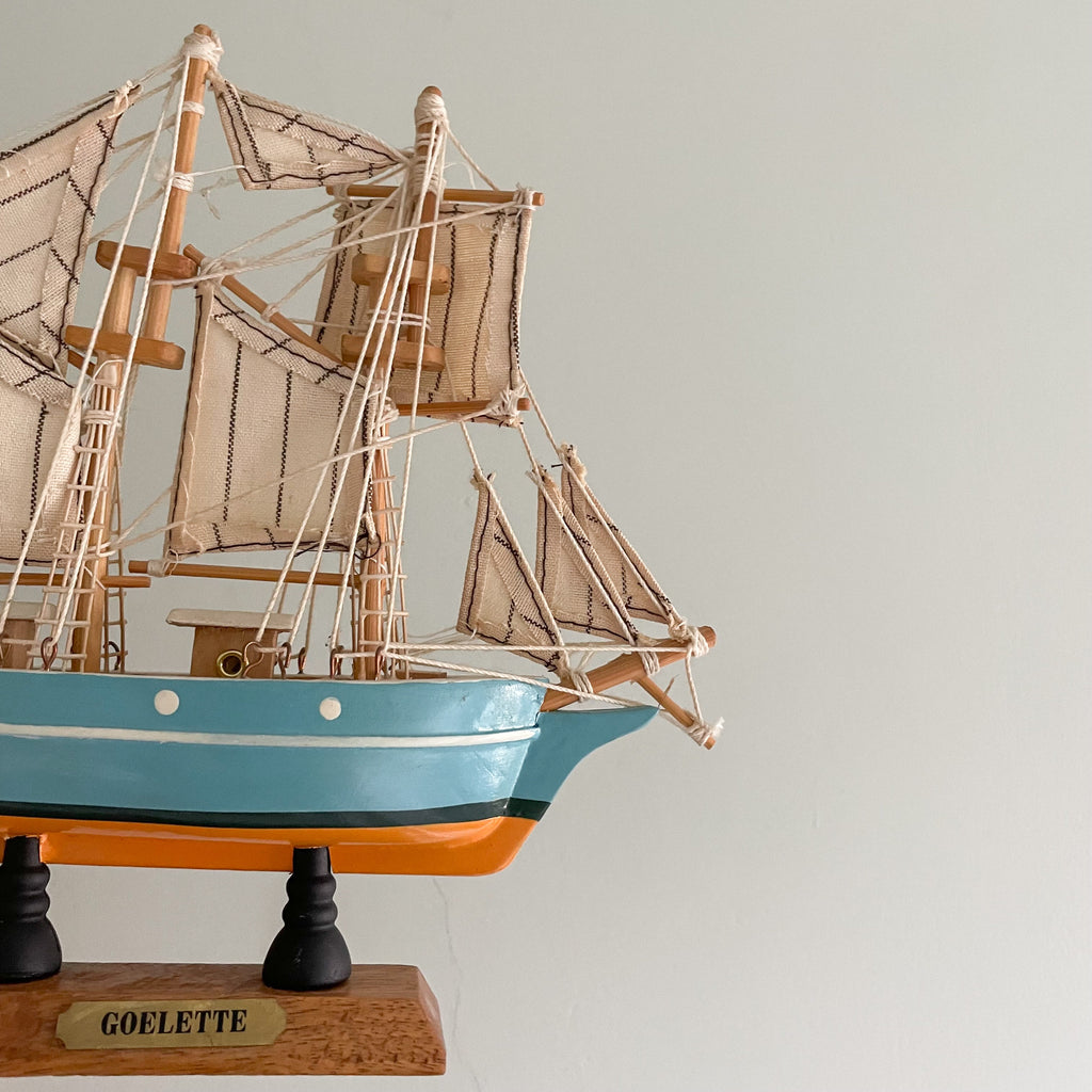 Vintage wooden model sailing ship in blue and orange, Goélette - Moppet