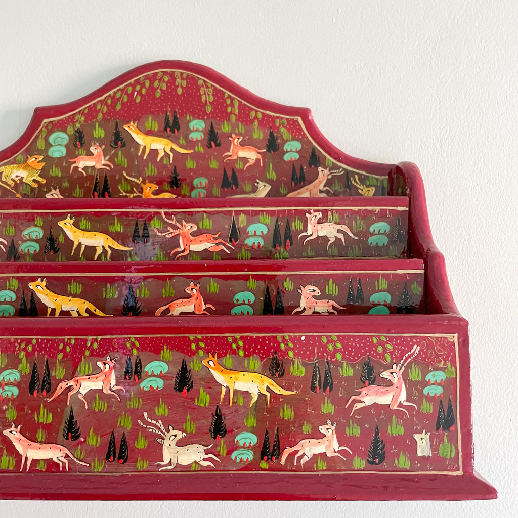 Kashmiri hand-painted folk art wooden lacquered letter rack with wavy edge and jungle animals design - Moppet