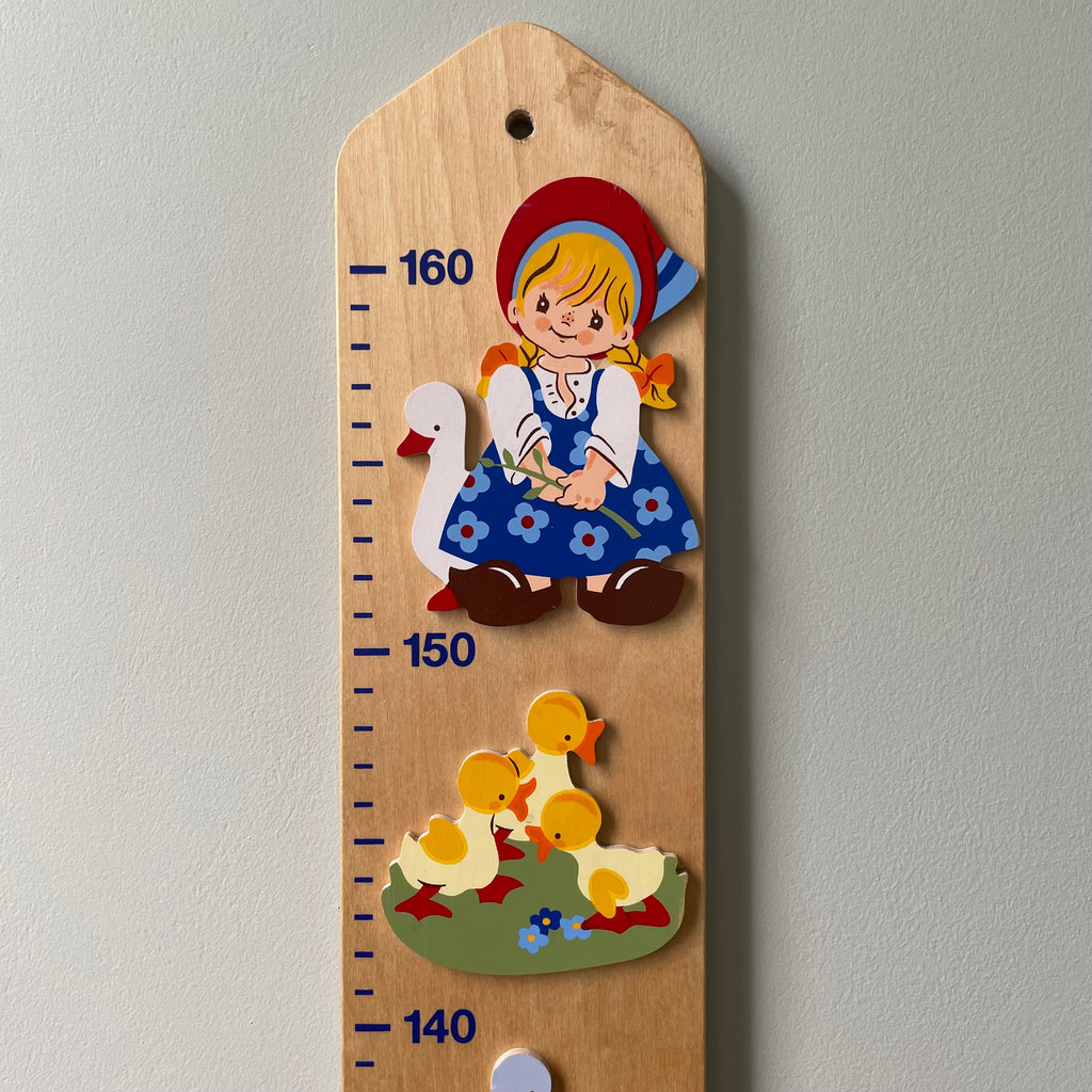 Vintage 1980s wooden German measuring stick or height chart, featuring a little girl and her geese, by Mertens Kunst - Moppet