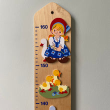 Load image into Gallery viewer, Vintage 1980s wooden German measuring stick or height chart, featuring a little girl and her geese, by Mertens Kunst - Moppet

