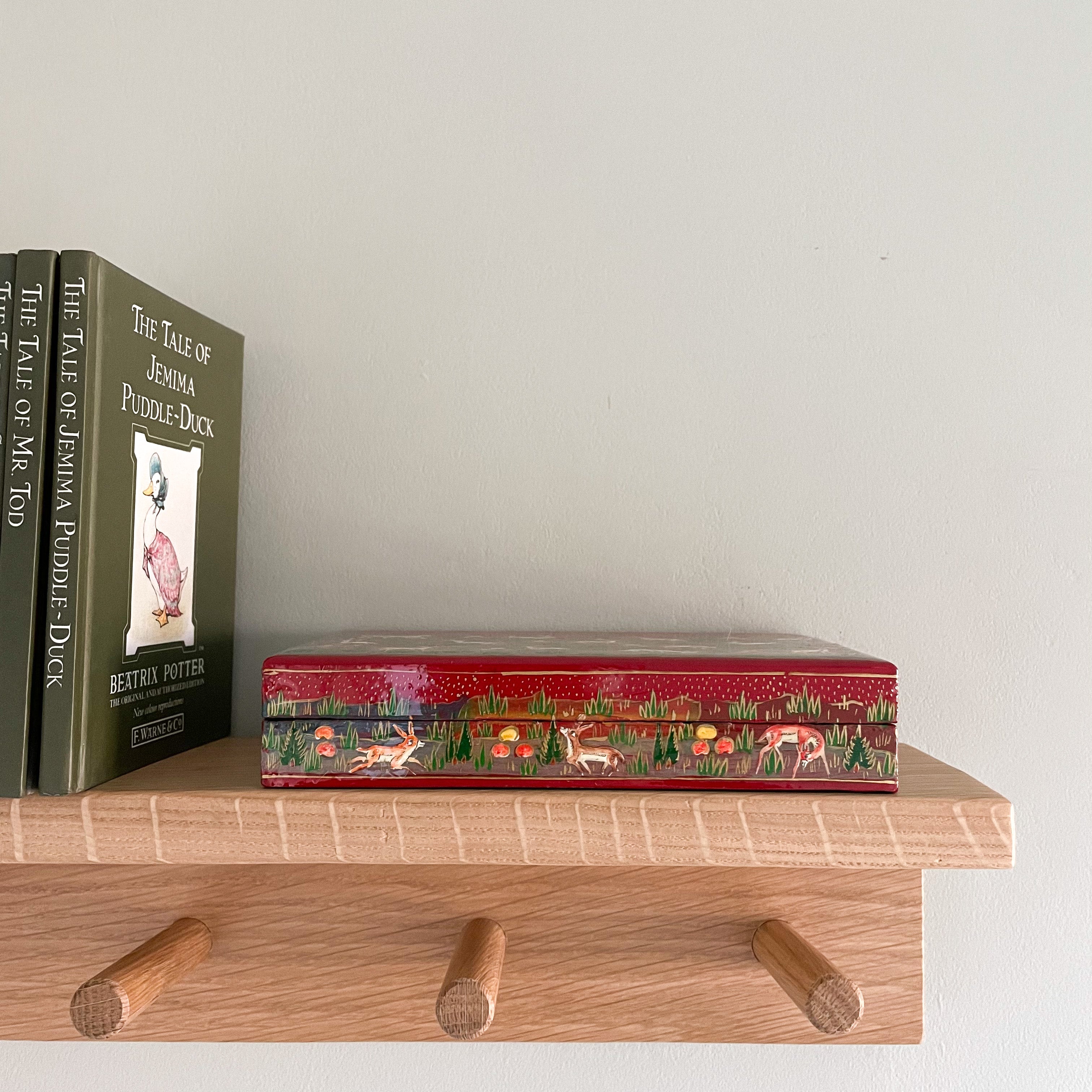 Kashmiri hand-painted folk art papier maché lacquered trinket box with jungle animals design | red - Moppet