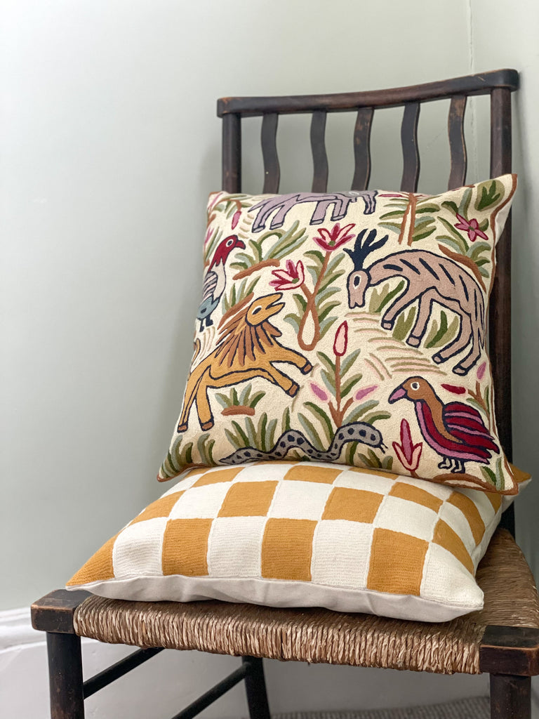 *NEW* Handmade crewel embroidered cushion cover | Kolahoi jungle safari - Moppet
