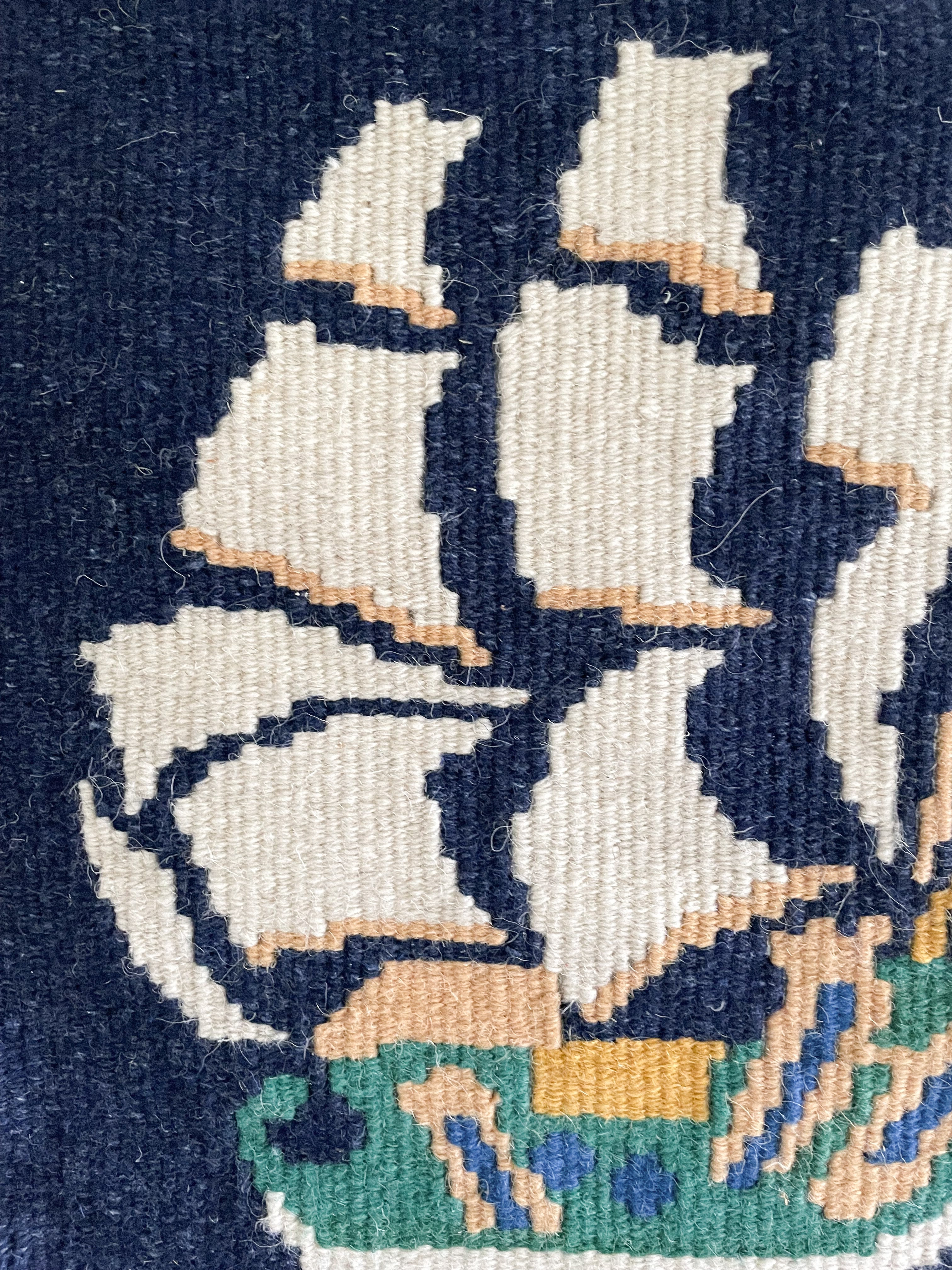 Vintage hand-woven Greek folk art wool wall hanging tapestry of a ship/sailing boat - Moppet