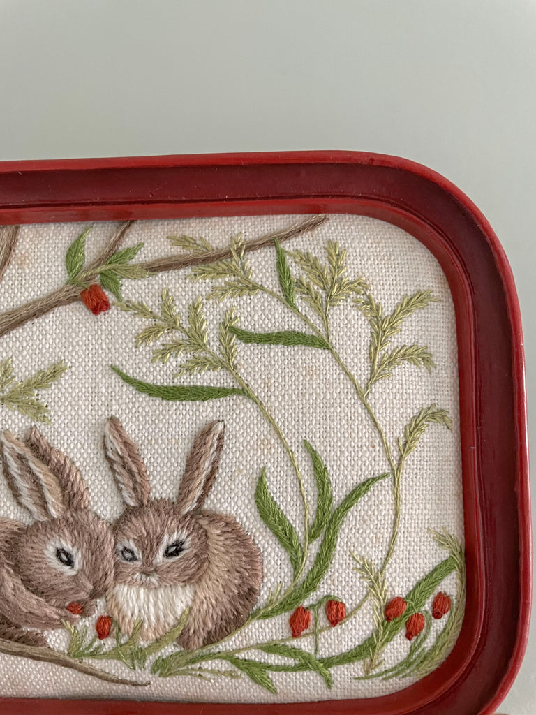 Vintage framed embroidery of two Easter rabbits / bunnies - Moppet