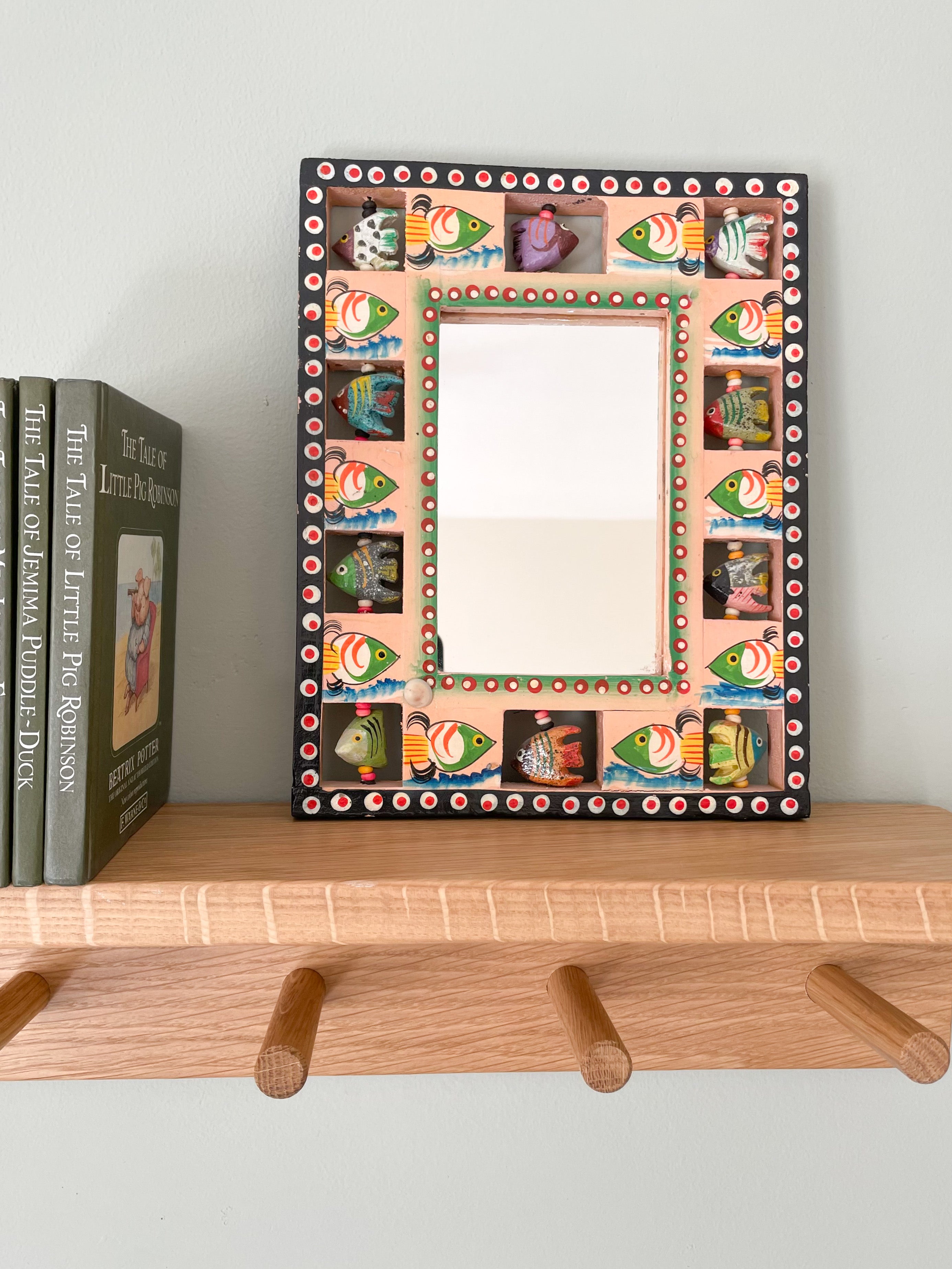 Vintage hand-painted folk art mirror with hand-carved fish frame - Moppet