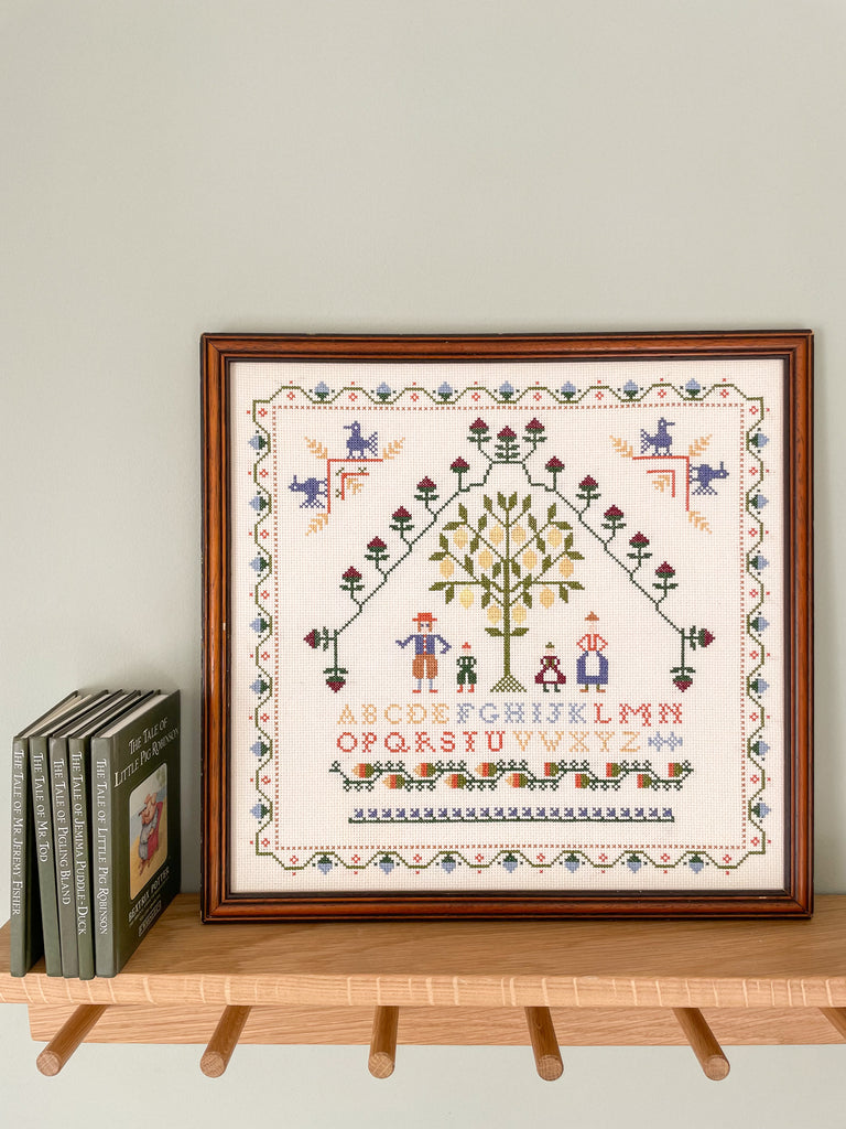 Vintage framed alphabet cross-stitch embroidery in pastel colours - Moppet