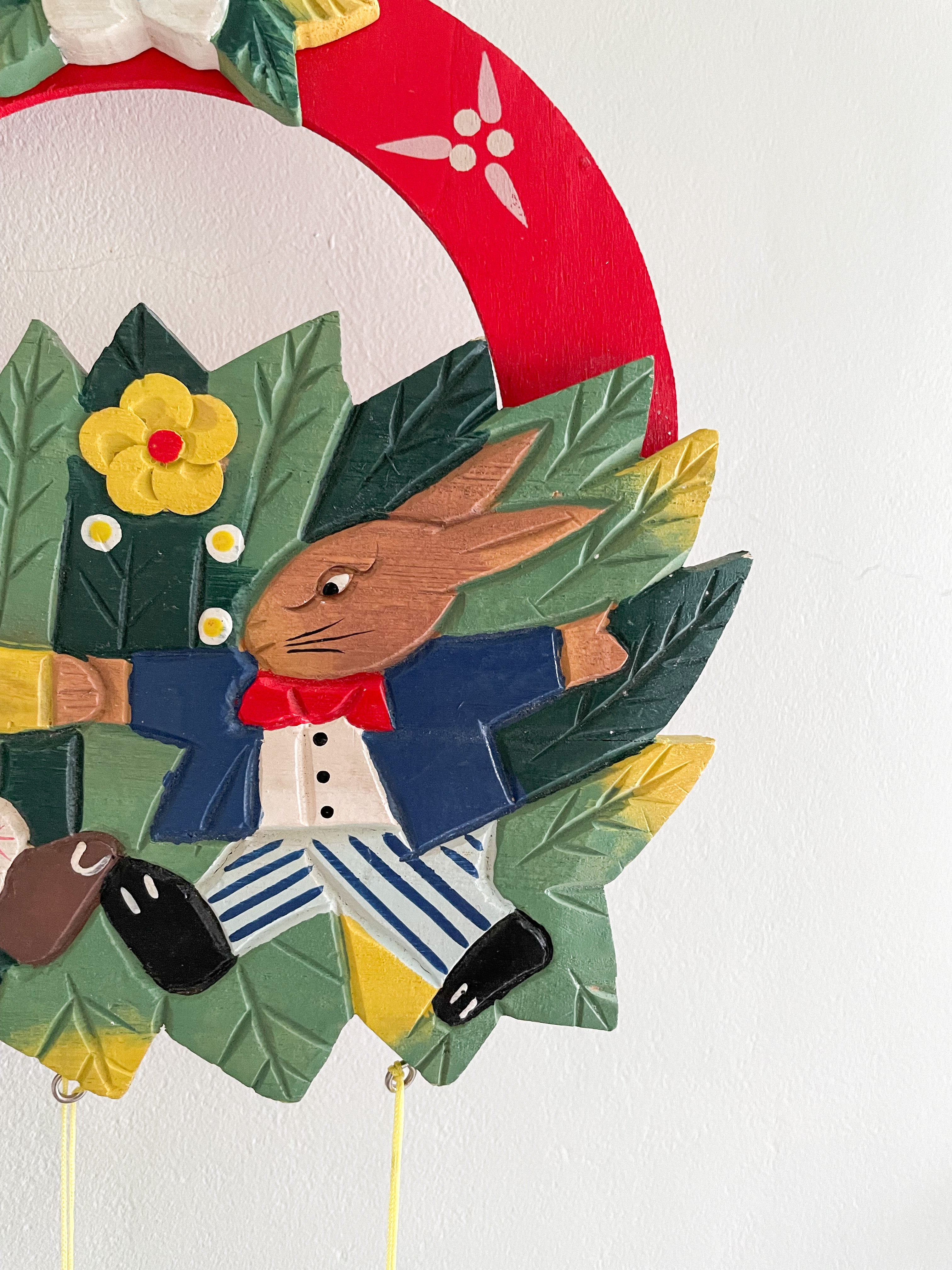 Vintage German hand-carved wooden Easter bunny rabbit wall-hanging decoration - Moppet
