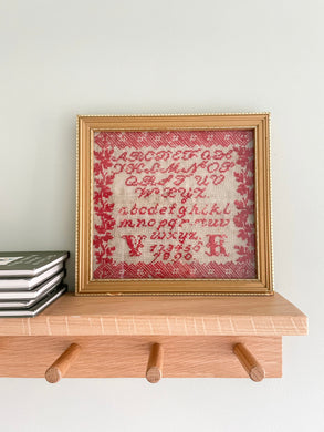 Antique Victorian framed alphabet embroidery, red and white on a linen canvas - Moppet