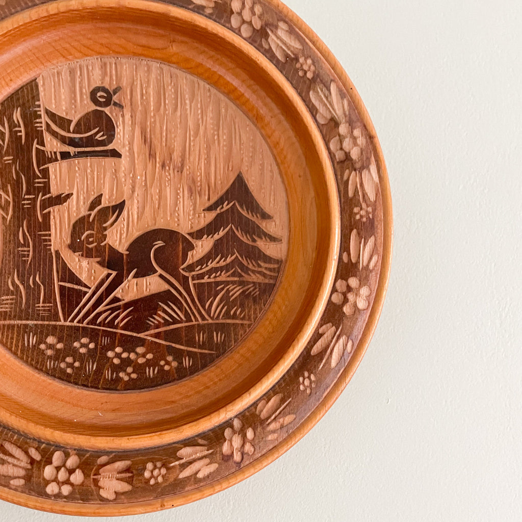 Vintage wooden wall-hanging plate, hand carved with fawn and bird woodland scene, Austrian or German - Moppet