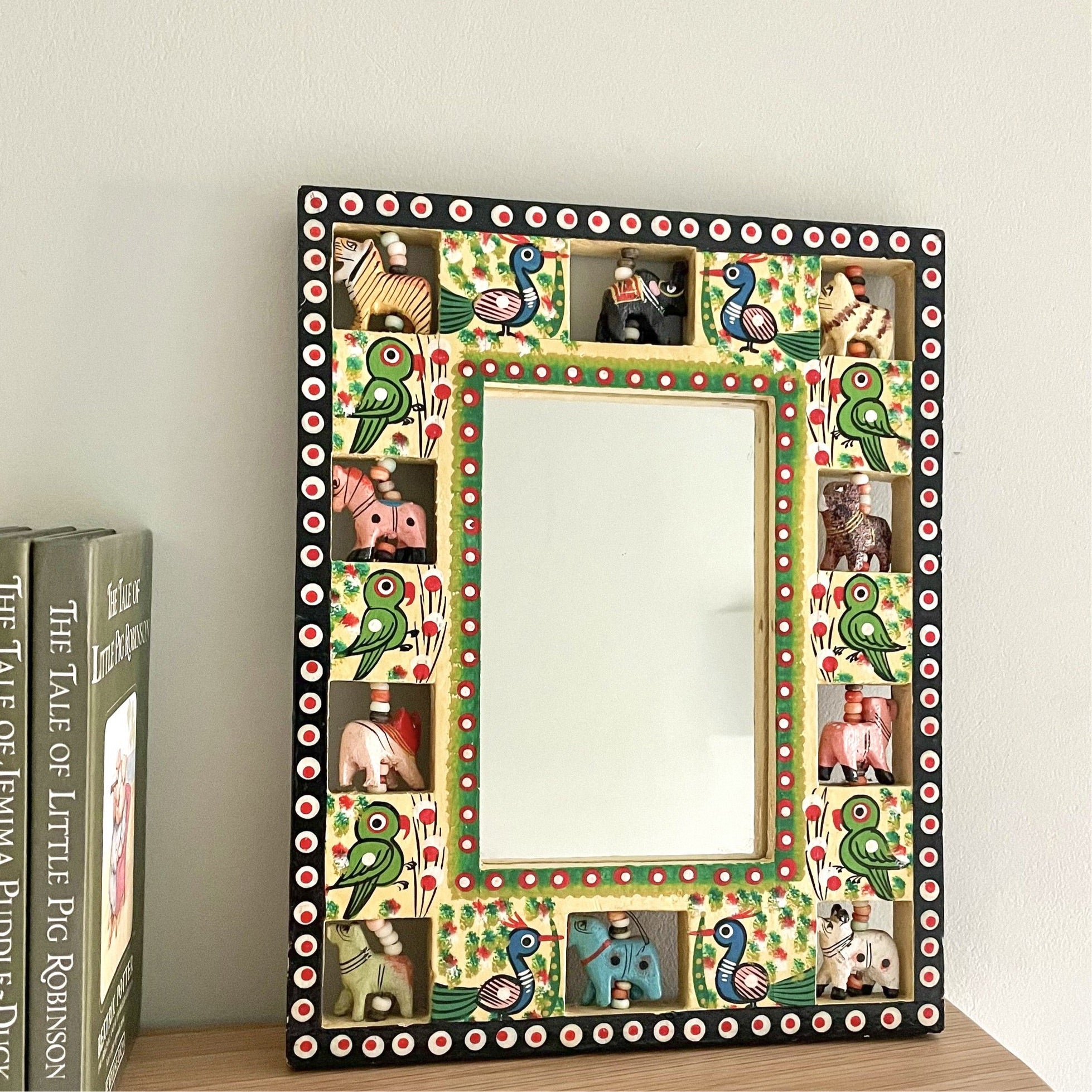 Vintage hand-painted folk art mirror with hand-carved animal frame - Moppet