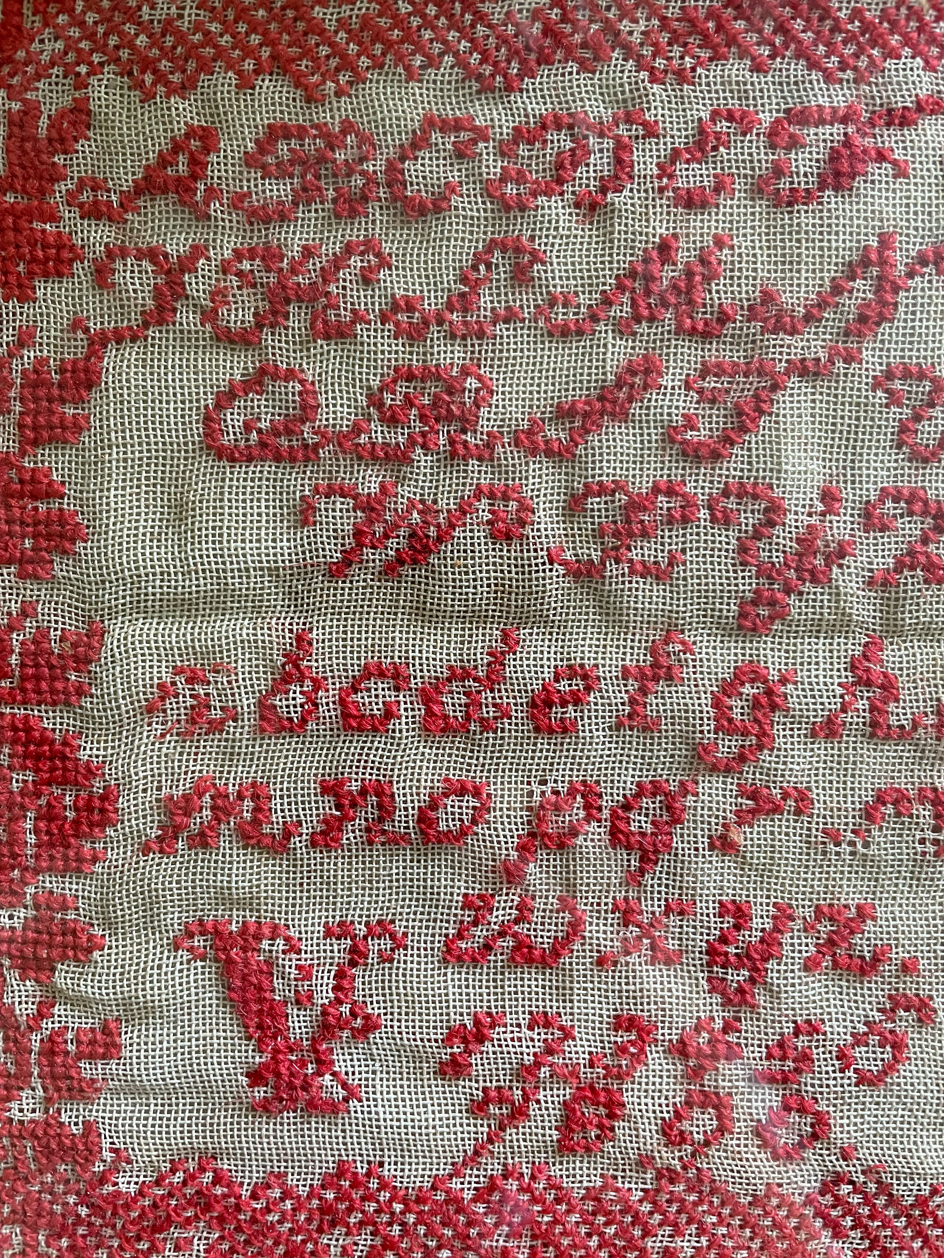 Antique Victorian framed alphabet embroidery, red and white on a linen canvas - Moppet
