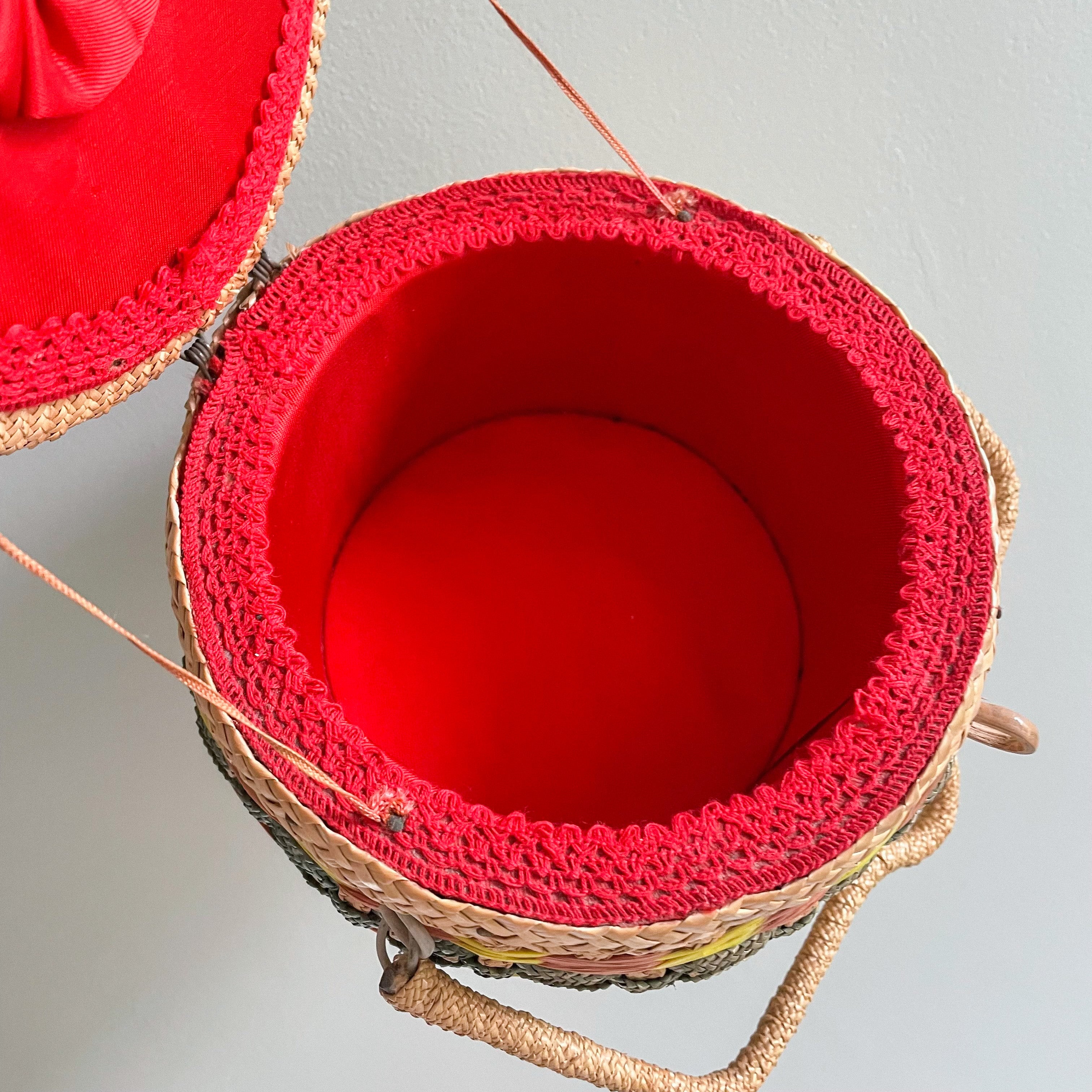 Vintage spring / Easter floral woven straw basket, formerly a sewing basket - Moppet