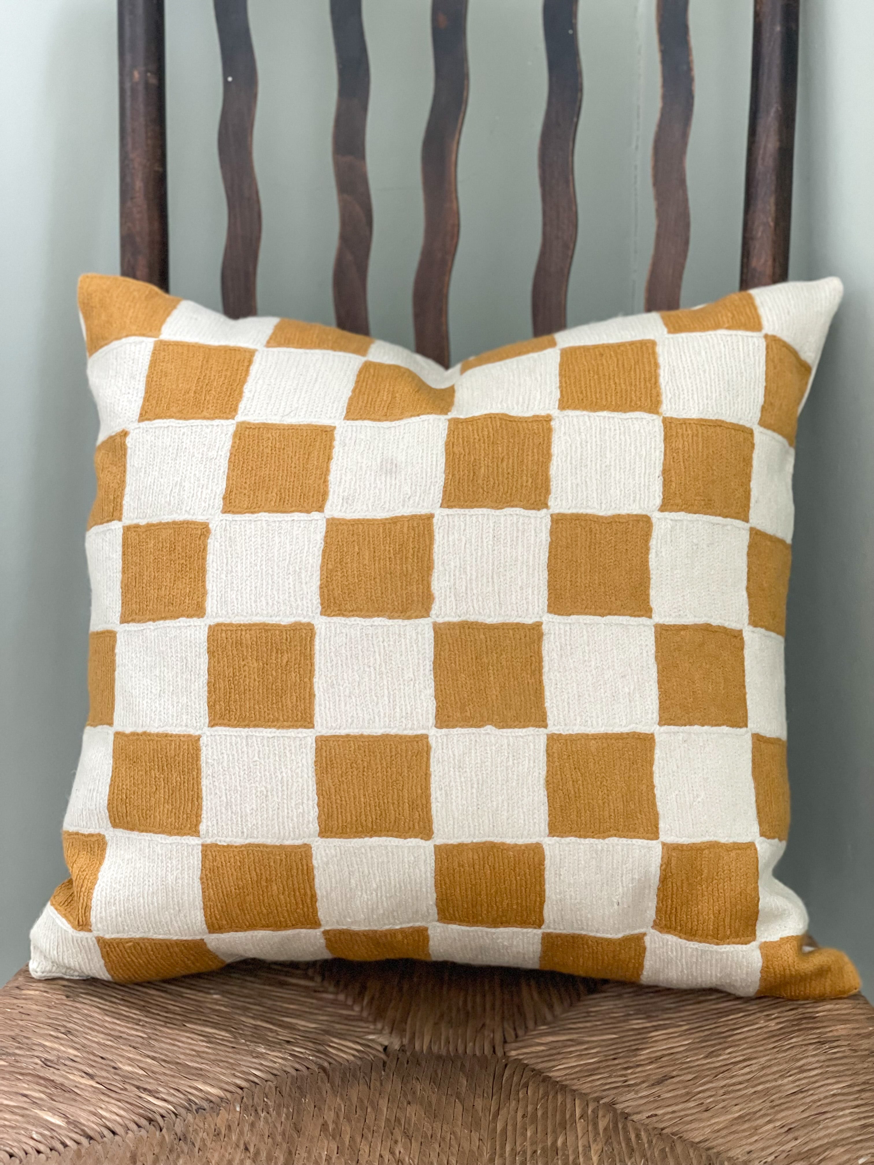 *NEW* Handmade crewel embroidered cushion cover | ochre yellow check - Moppet