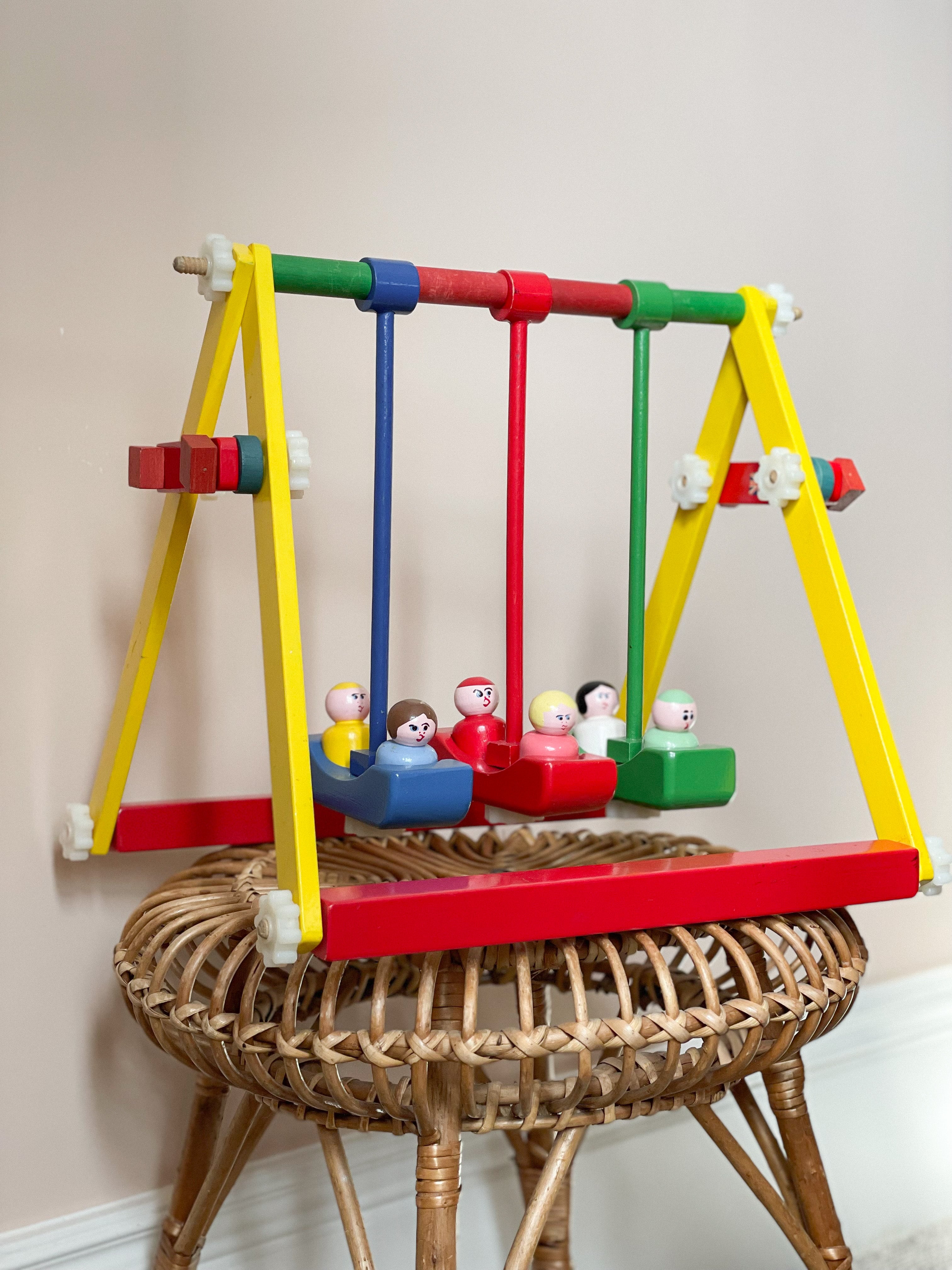 Vintage 1950s wooden Escor fairground swing with six peg-doll passengers, British made - Moppet