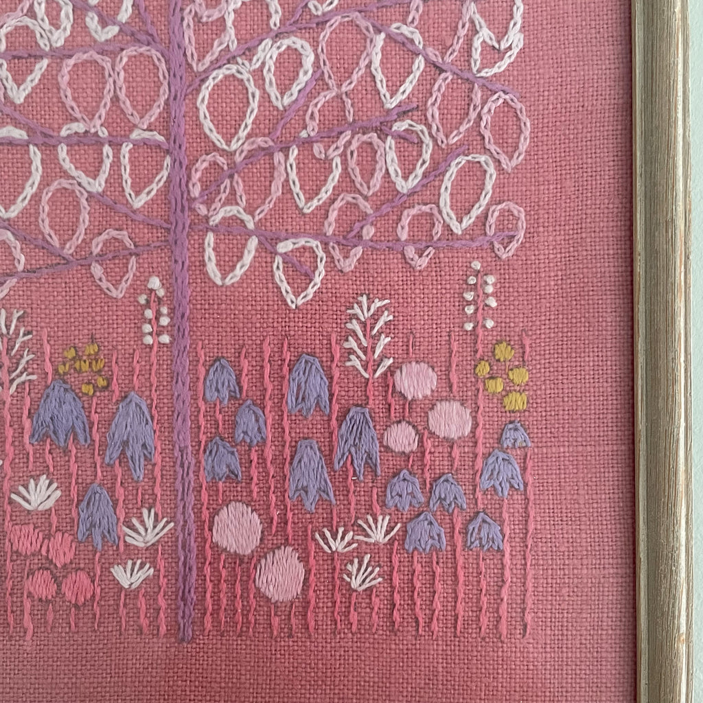 Vintage Swedish framed embroidery or needlework of a tree and flowers in pinks and lilacs - Moppet