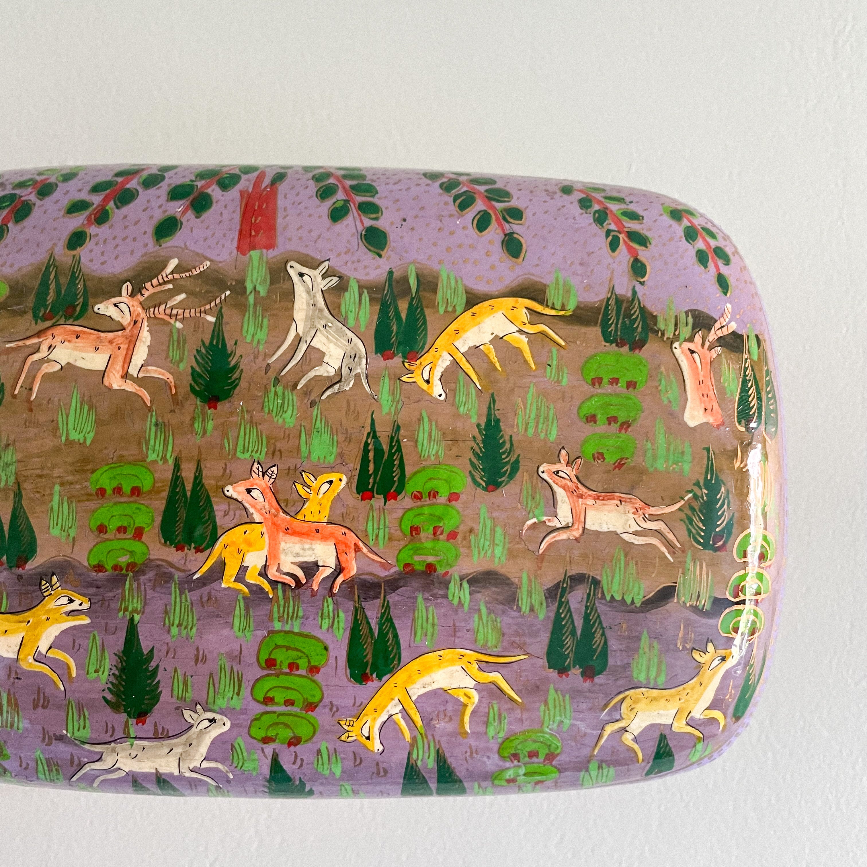 Kashmiri hand-painted folk art papier maché lacquered trinket box with jungle animals design | lilac - Moppet