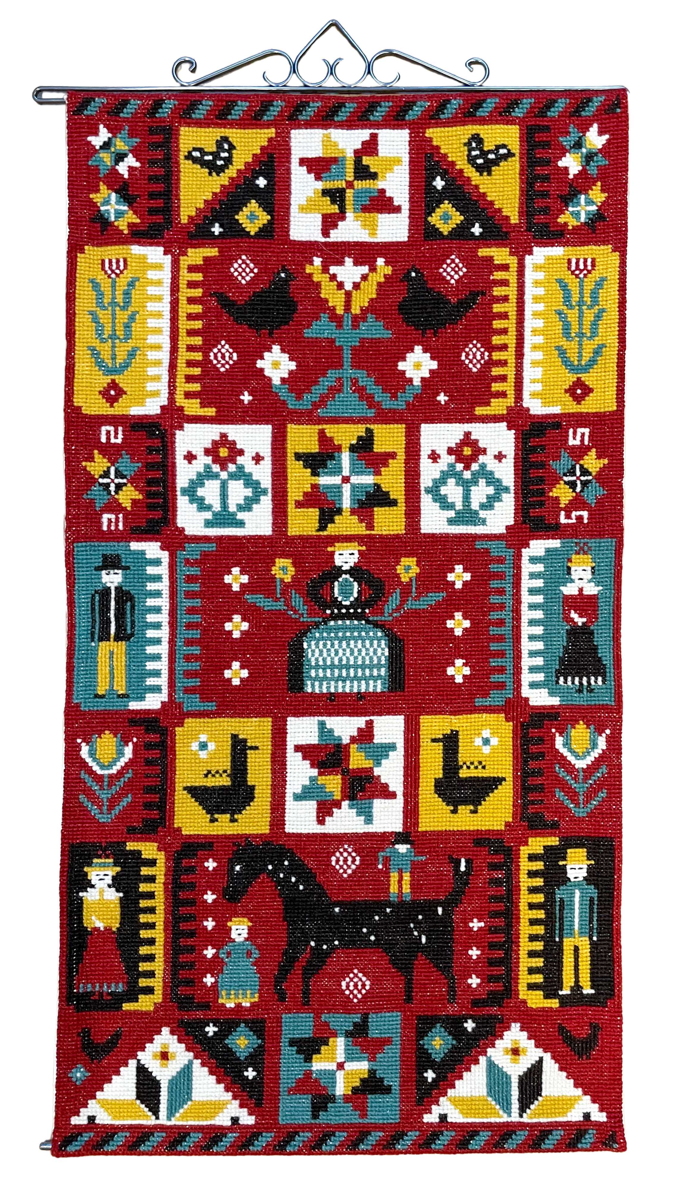 Vintage mid-century Swedish wall-hanging tapestry in folk art design with men, women and a horse, hand woven Flemish weave twist stitch - Moppet