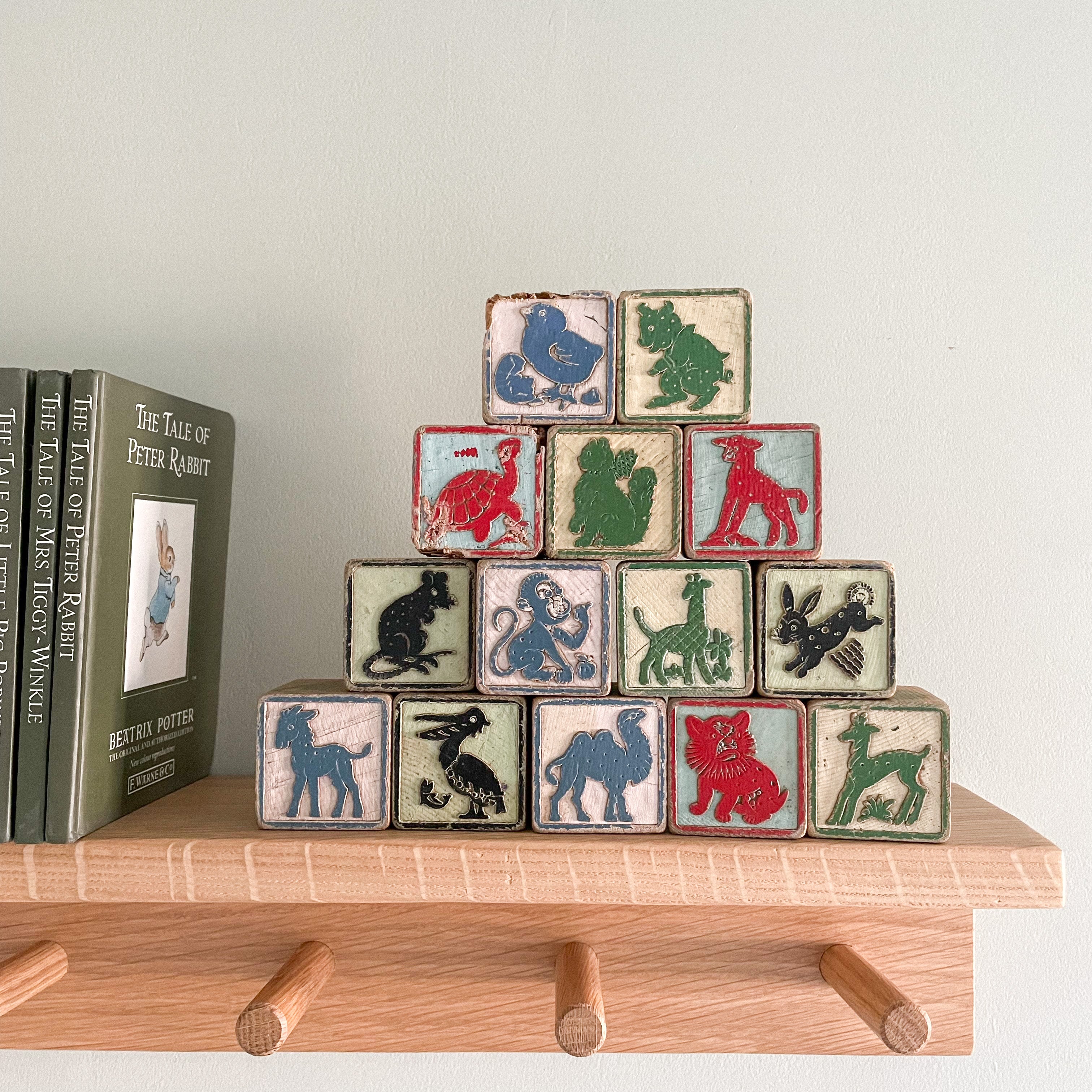 Vintage 1950s wooden stacking alphabet picture number building blocks - Moppet