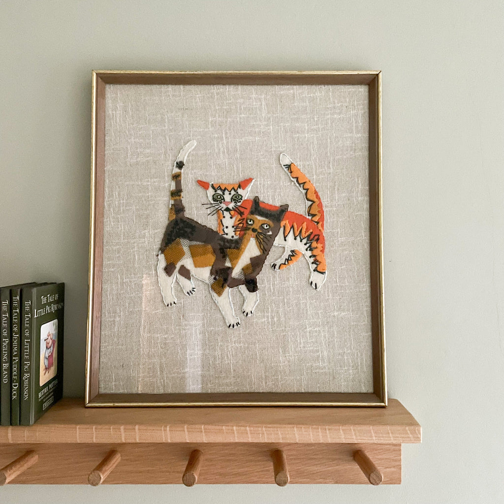Pair of 1970s felt and mixed textile embroideries of a pair of cats and a pair of poodle dogs - Moppet