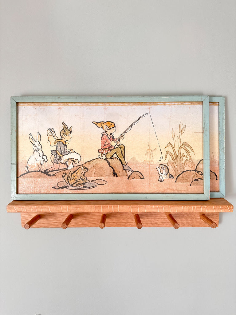 Vintage 1950s painting featuring woodland fairies or elves in pale blue-green original wooden frame - Moppet