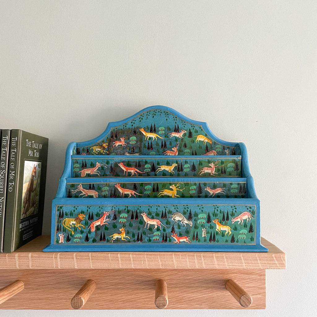 Kashmiri hand-painted folk art wooden lacquered letter rack with wavy edge and jungle animals design - Moppet