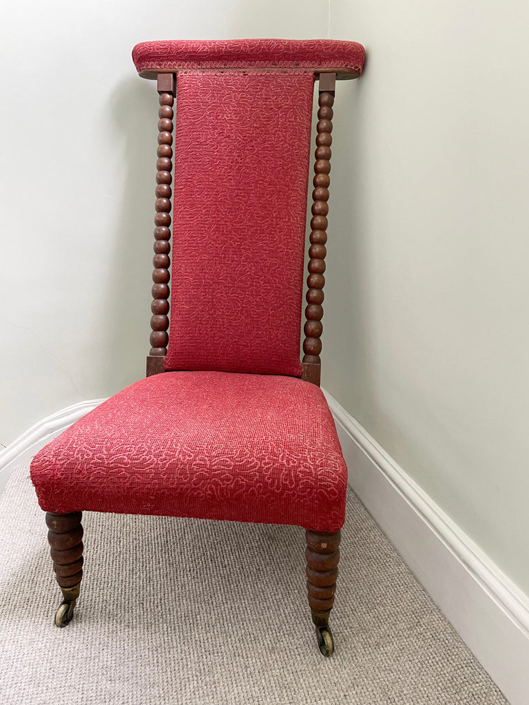 Vintage Victorian bobbin nursing chair, nursery chair, prayer chair or prie dieu chair with coral red upholstery - Moppet