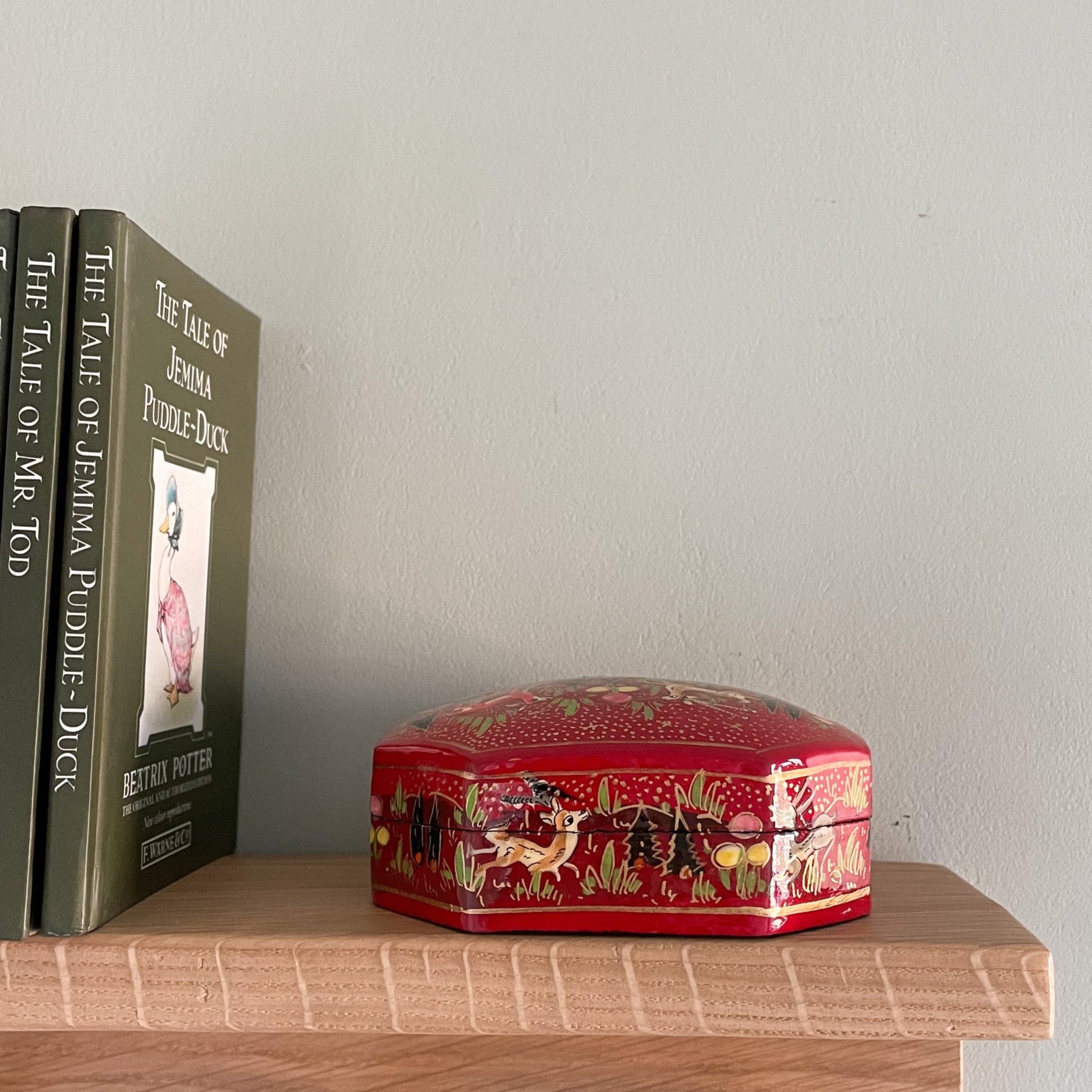 Kashmiri hand-painted folk art hexagonal papier maché lacquered trinket box with jungle animals design - Moppet