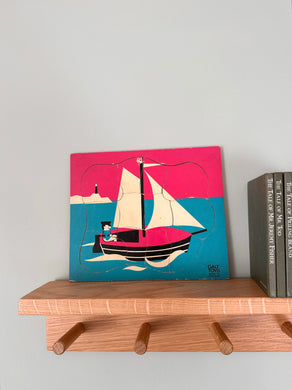 Vintage wooden sailing boat jigsaw puzzle, pink and blue, made in England by GALT - Moppet