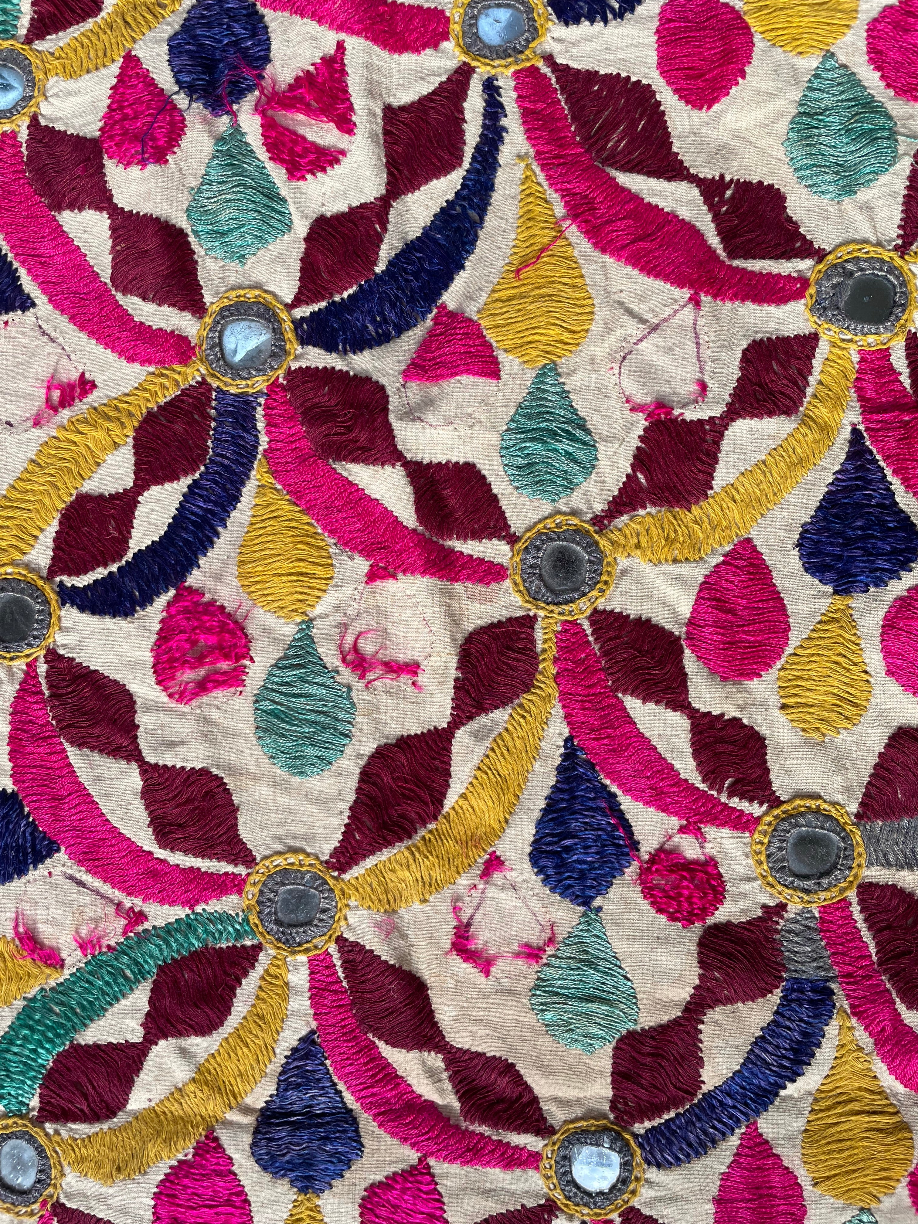 Vintage handmade Indian folk art embroidered cotton wall hanging or throw - Moppet