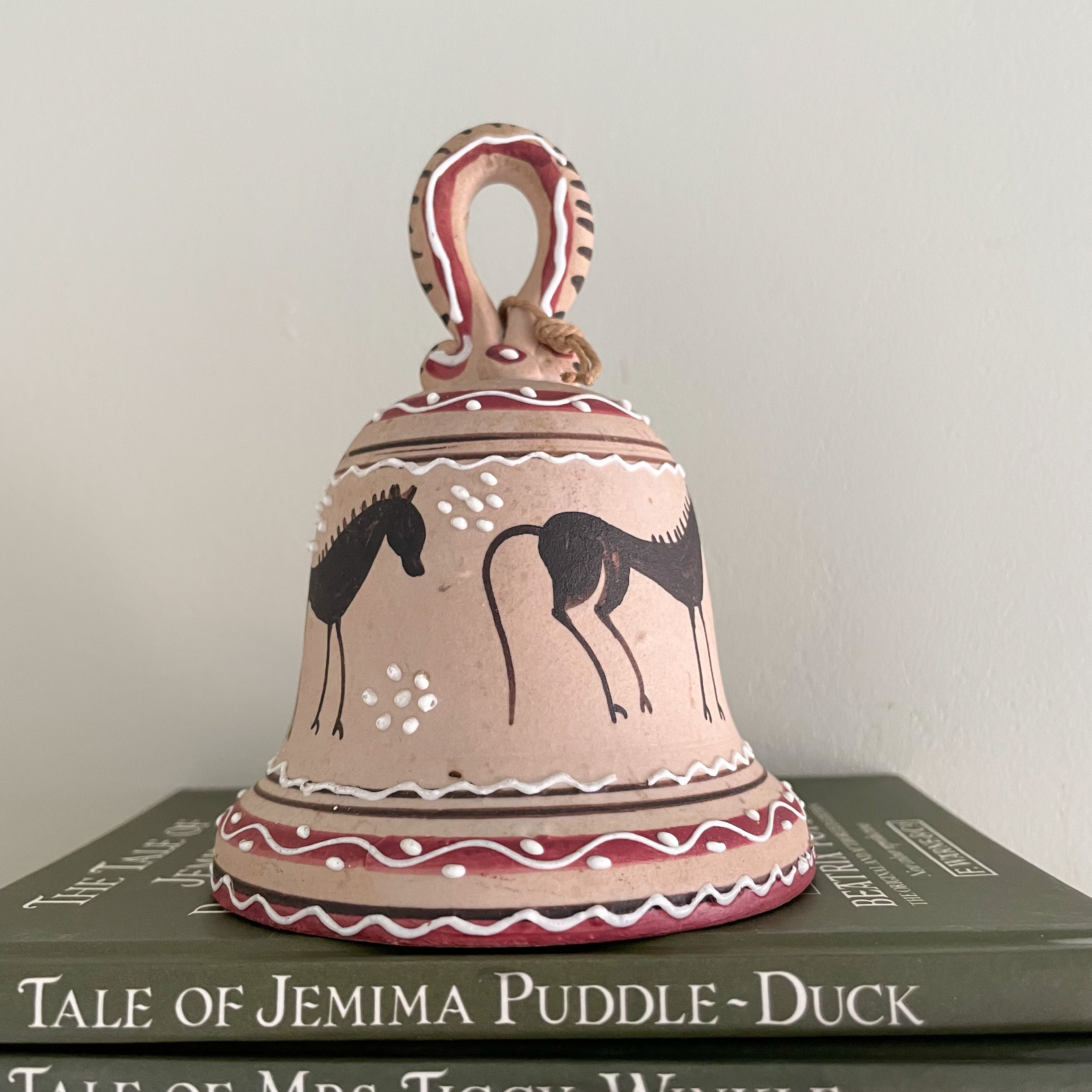 Vintage mid-century Italian handmade ceramic bell, hand painted bisqueware with Etruscan horse motif - Moppet