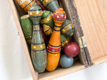 Load image into Gallery viewer, Antique hand-painted French wooden skittles/quilles in original wooden chest in burgundy, blue, green and gold - Moppet
