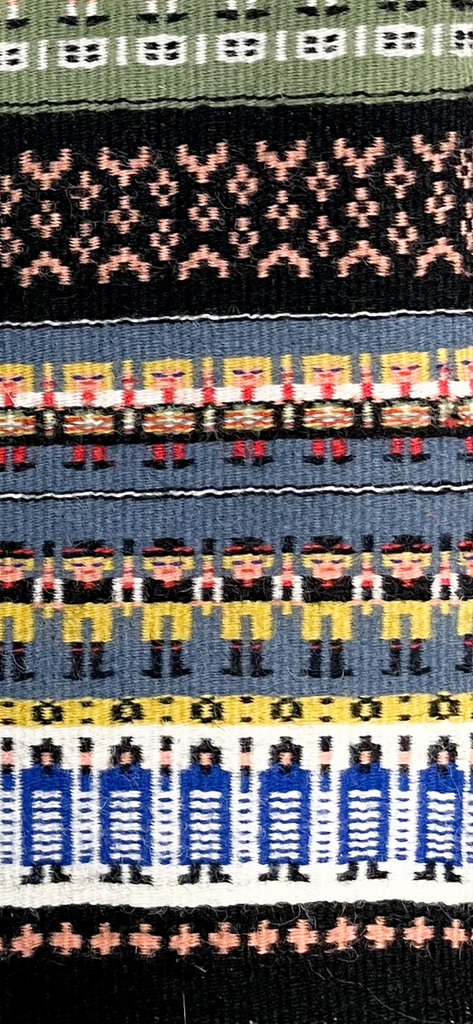 Vintage mid-century Swedish handwoven woollen wall-hanging tapestry in Gubbaväv or Rosengång design with national dress, footballers and soldiers - Moppet