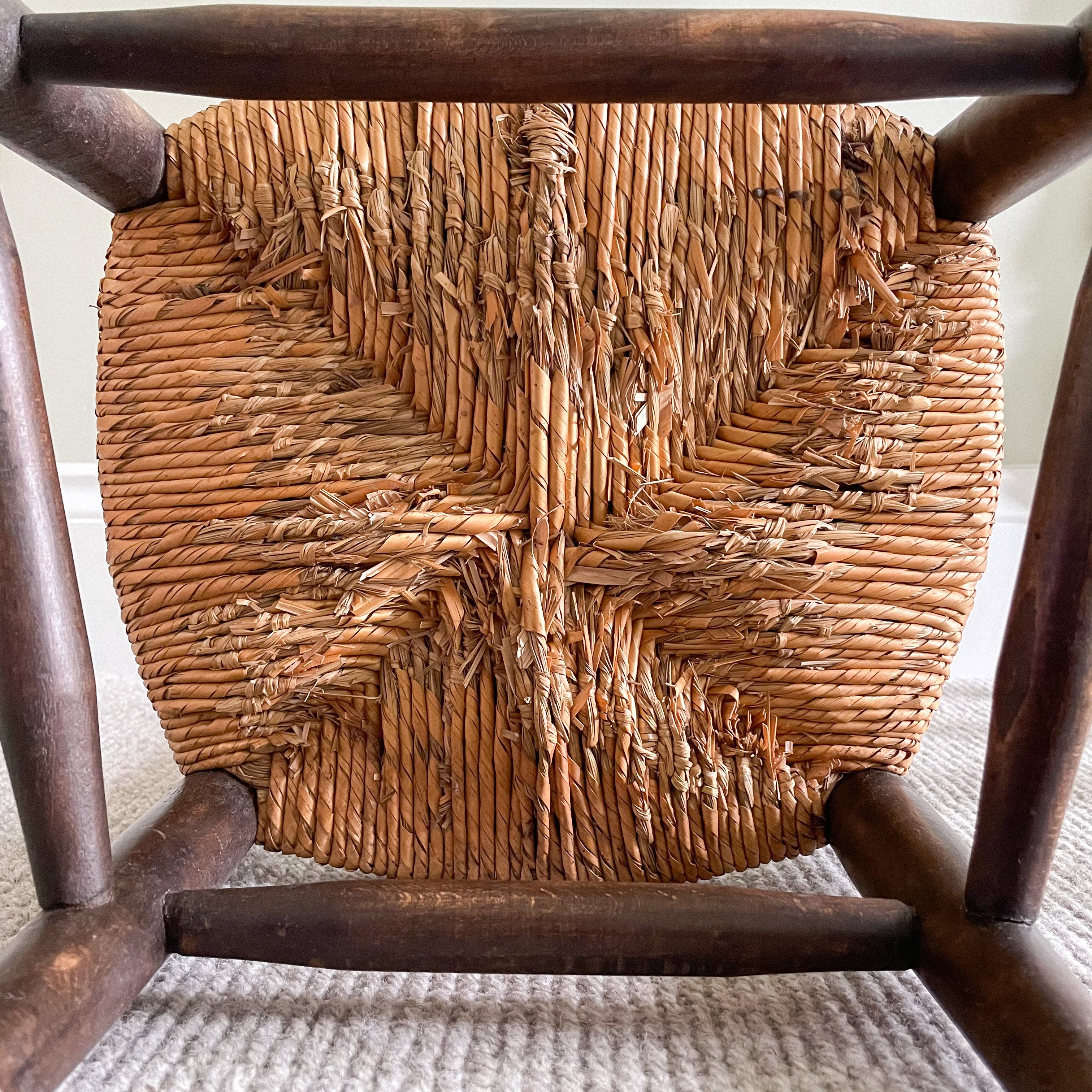 Vintage French wooden ladder-backed oak children's chair with rush seat - Moppet