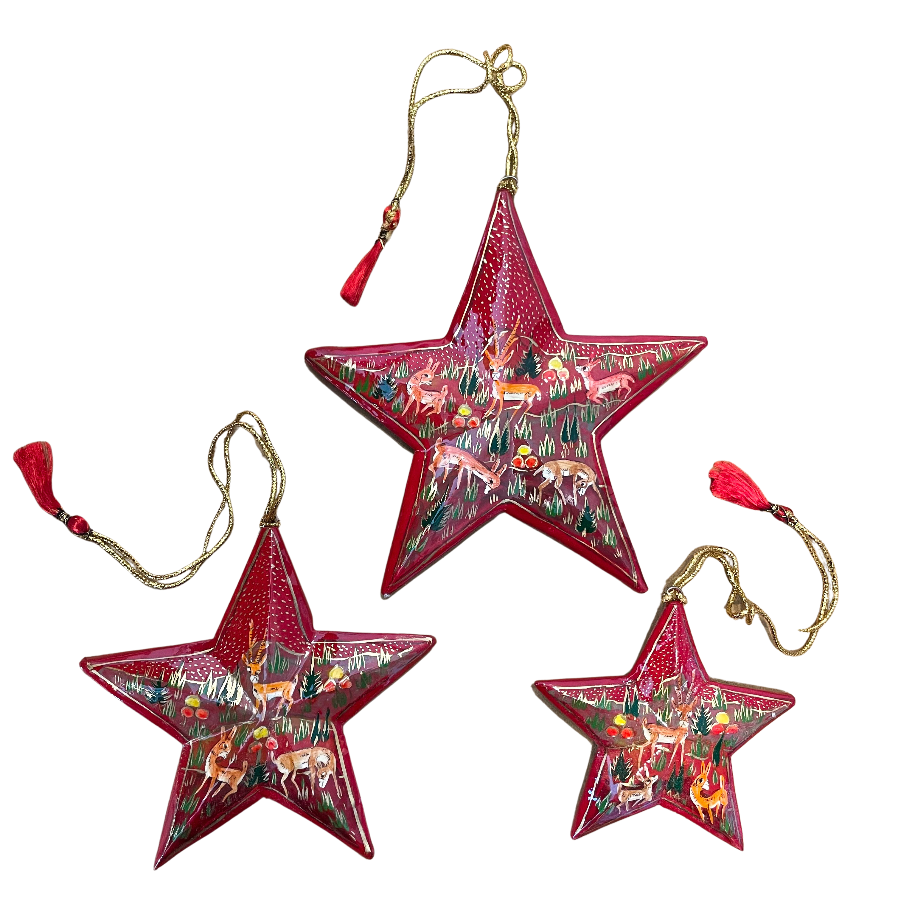 Kashmiri hand-painted folk art papier maché lacquered hanging star set with jungle animals design - Moppet