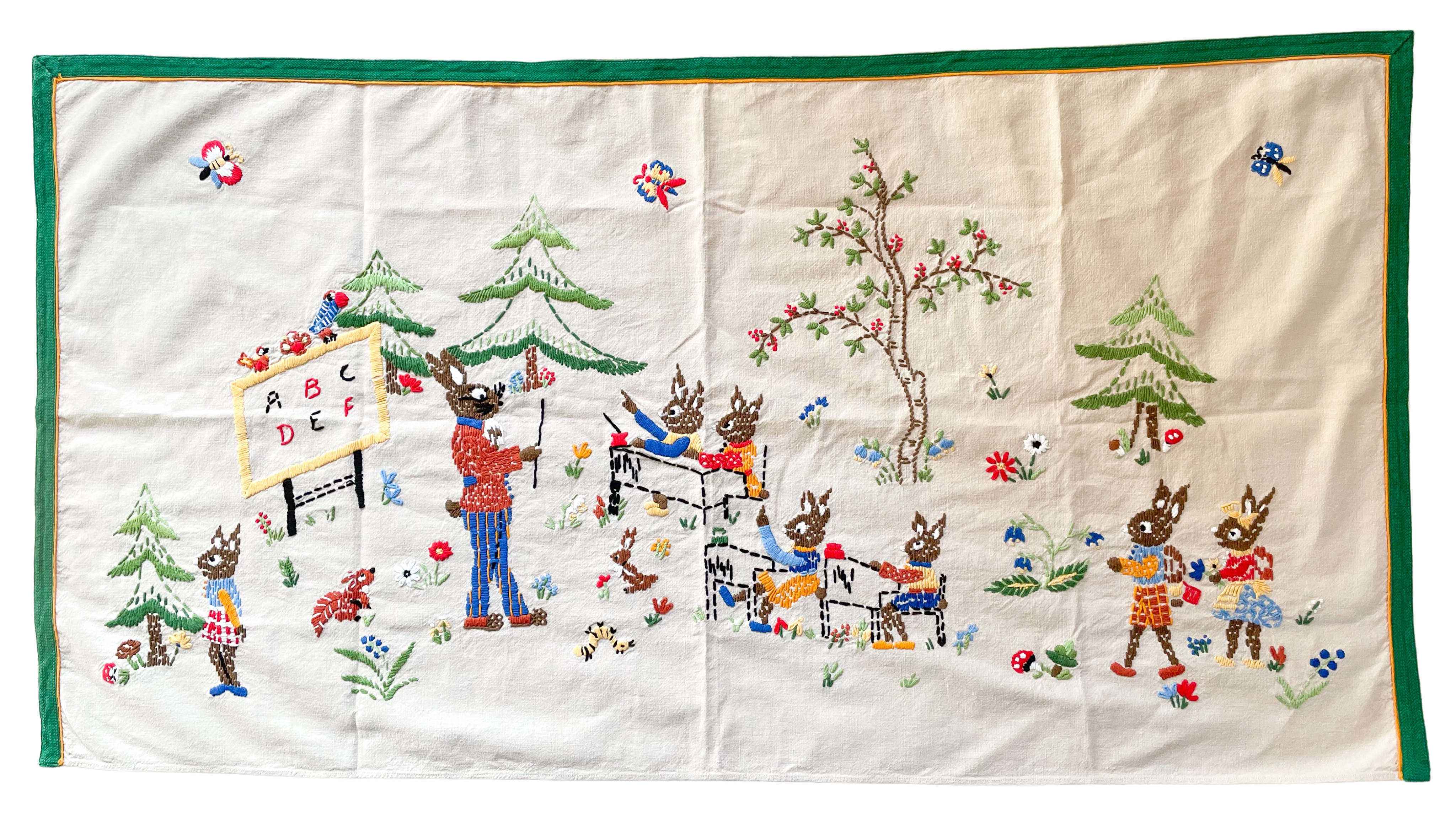 Vintage midcentury hand-embroidered Easter wall hanging tapestry or table cloth/runner featuring an Easter bunny rabbit school class room - Moppet