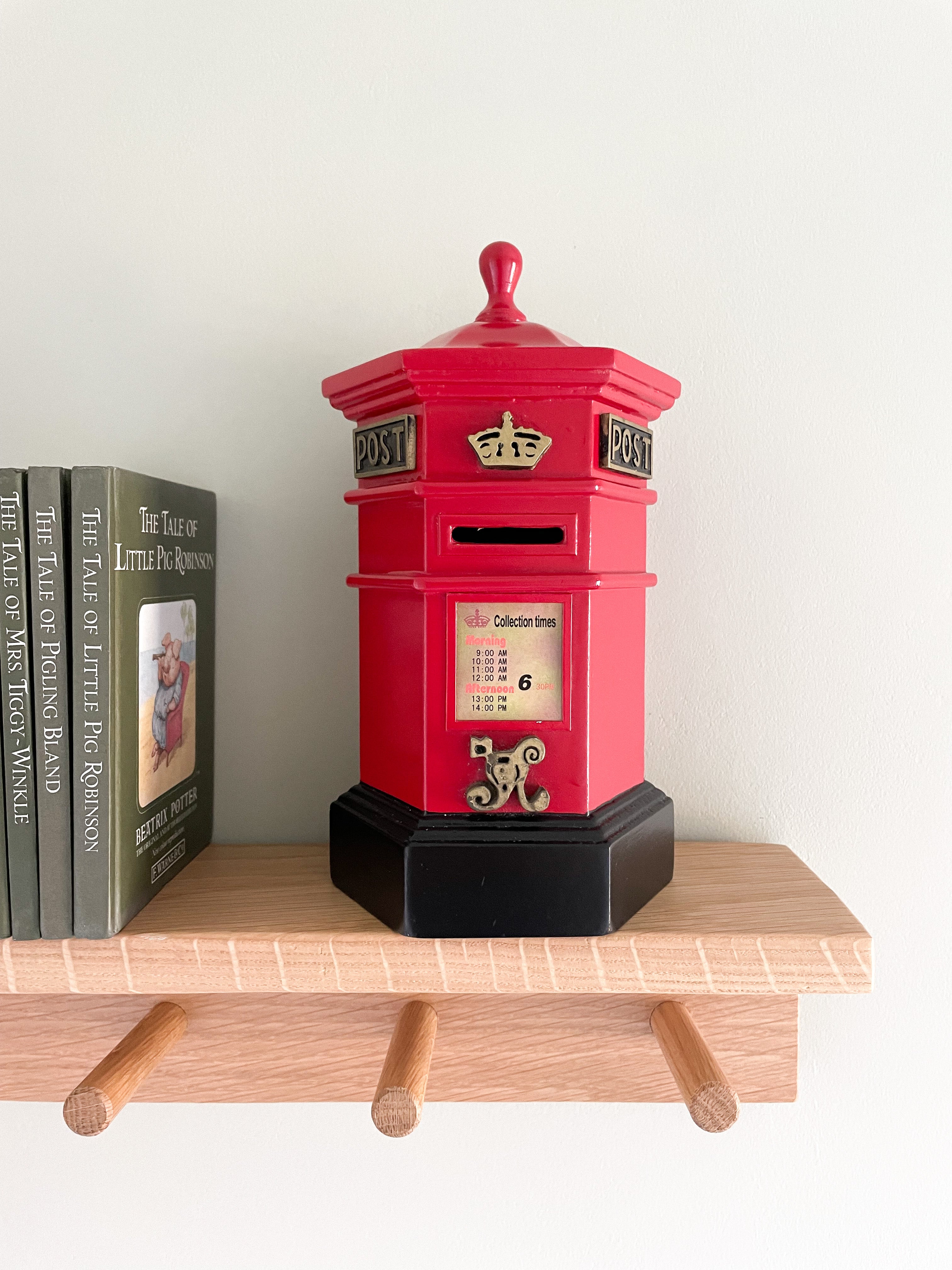 Vintage wooden hexagonal ‘Penfold’ red post box money box | Moppet