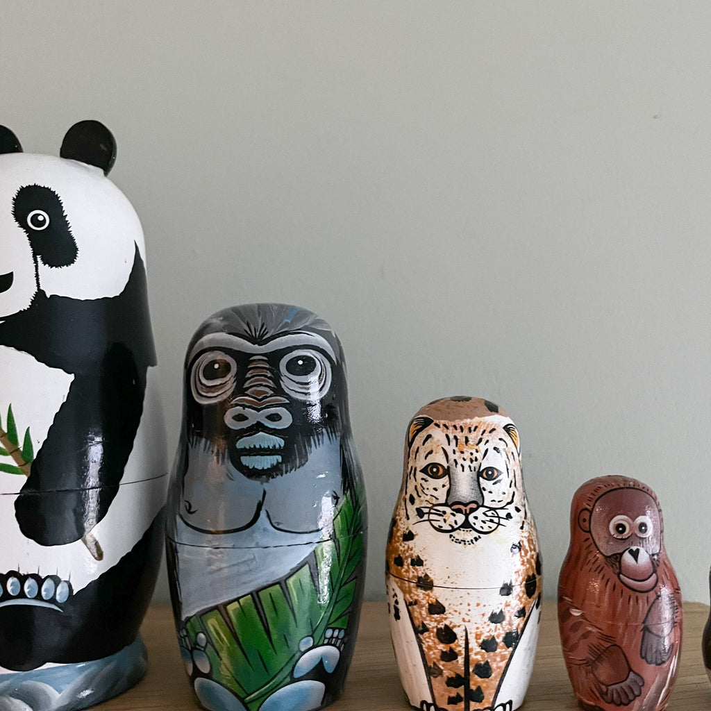 Vintage wooden nesting animal ‘Russian’ dolls: panda, gorilla, jaguar/leopard, orangutan, beaver - Moppet