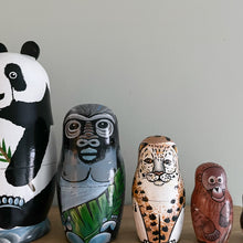 Load image into Gallery viewer, Vintage wooden nesting animal ‘Russian’ dolls: panda, gorilla, jaguar/leopard, orangutan, beaver - Moppet

