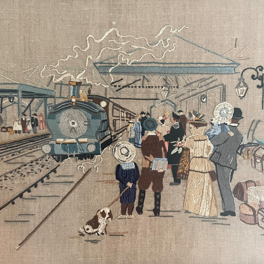Vintage framed embroidery of train and passengers - Moppet