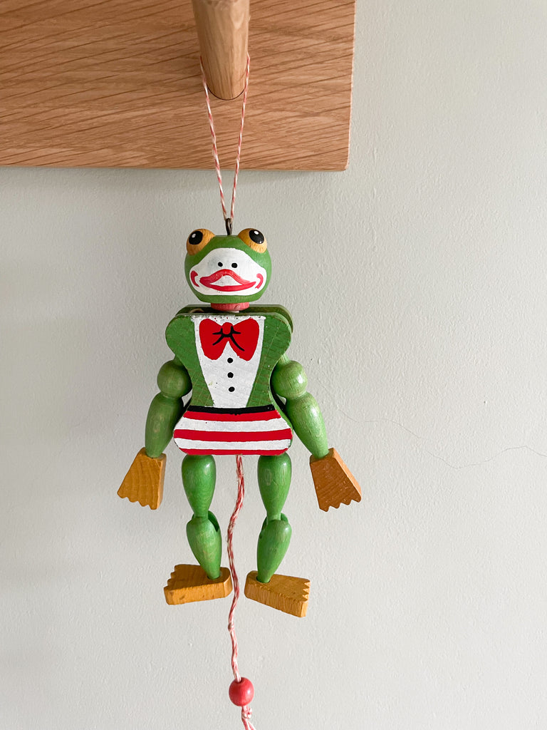 Vintage Austrian wooden frog jumping Jack string puppet, by Sevi 1831 - Moppet