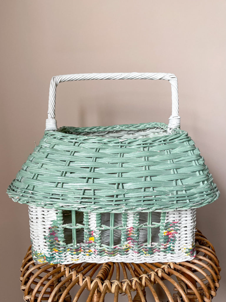 Large vintage 1950s painted wicker basket in shape of a house/cottage, with handle - Moppet