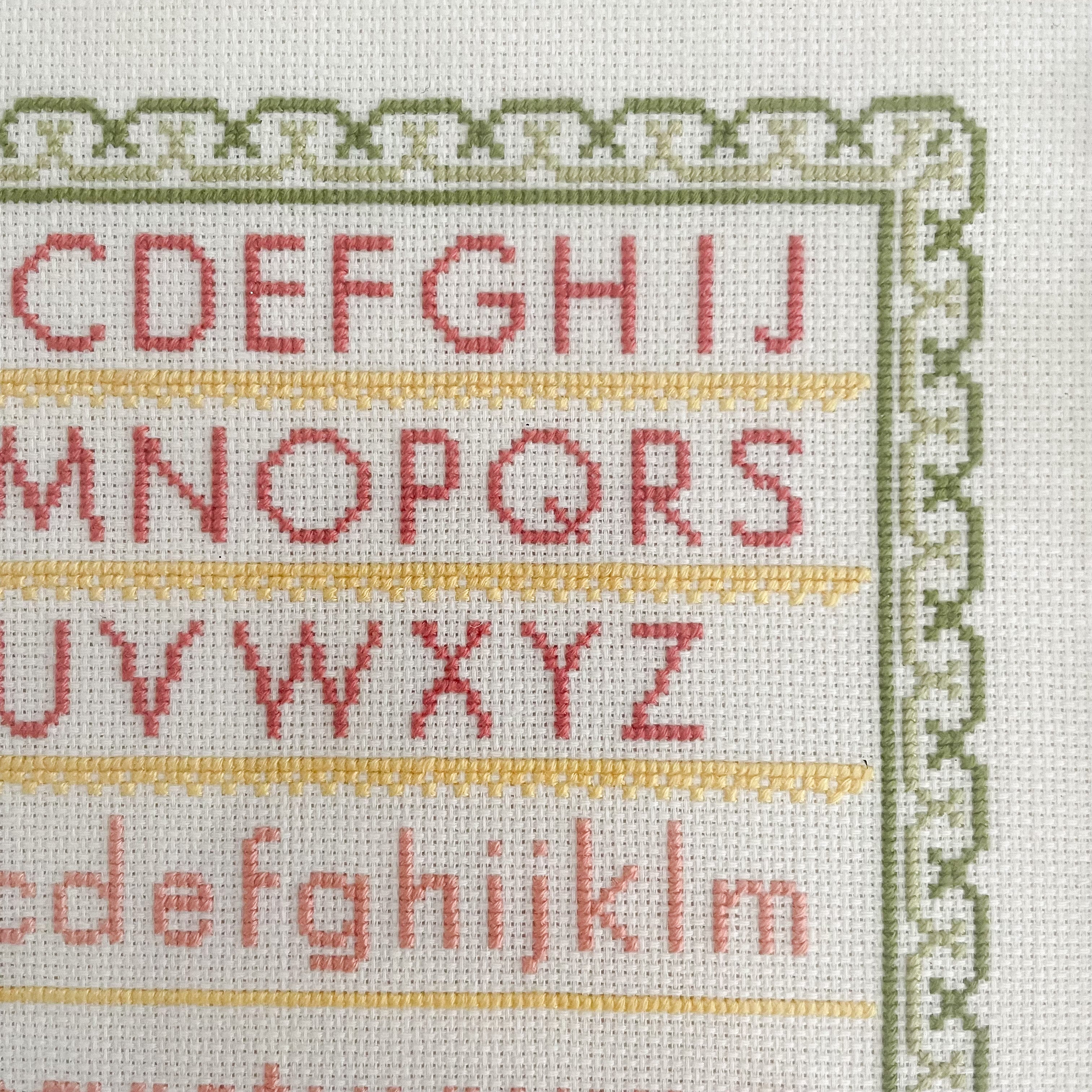 Vintage framed alphabet and numbers cross stitch embroidery - Moppet