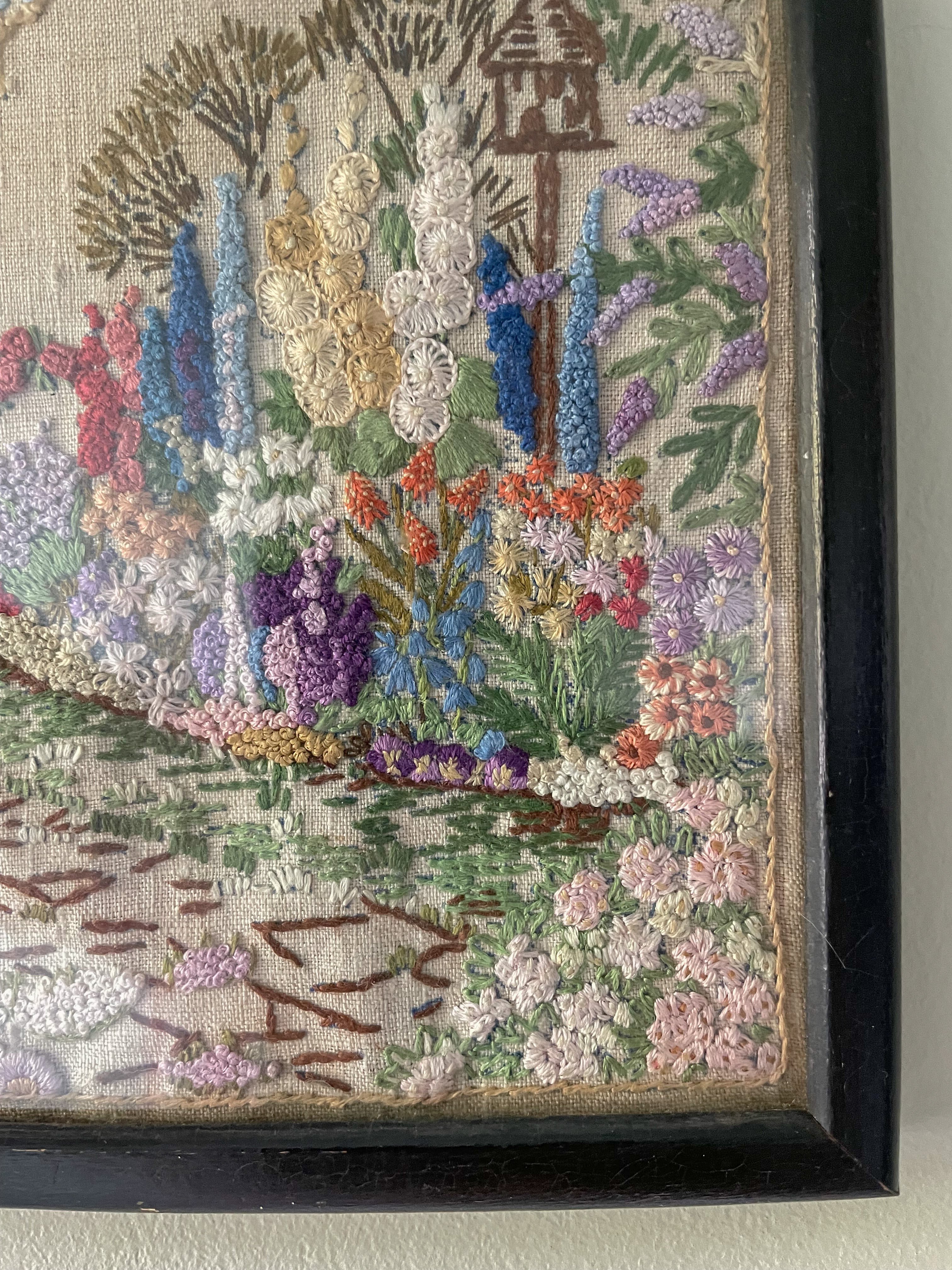 Vintage framed embroidery of a garden path and bird house / dove cote on a linen canvas - Moppet