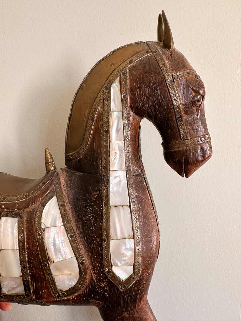 Vintage wooden folk art mother-of-pearl and brass inlay horse - Moppet