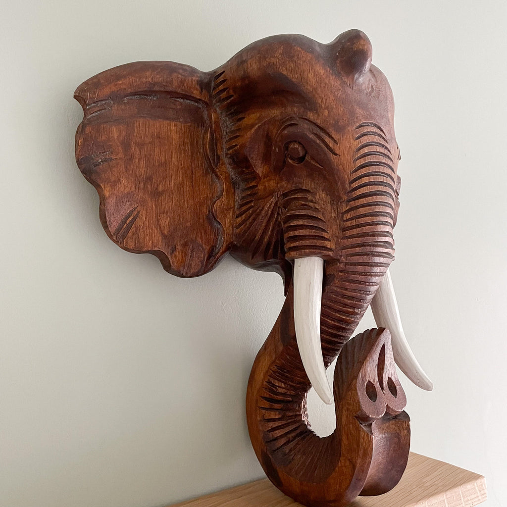 Vintage wooden hand-carved elephant head – African wall art - Moppet