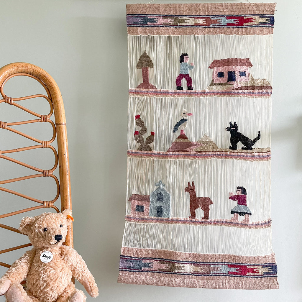 Vintage Peruvian folk art hand-crafted wool children's wall hanging - Moppet