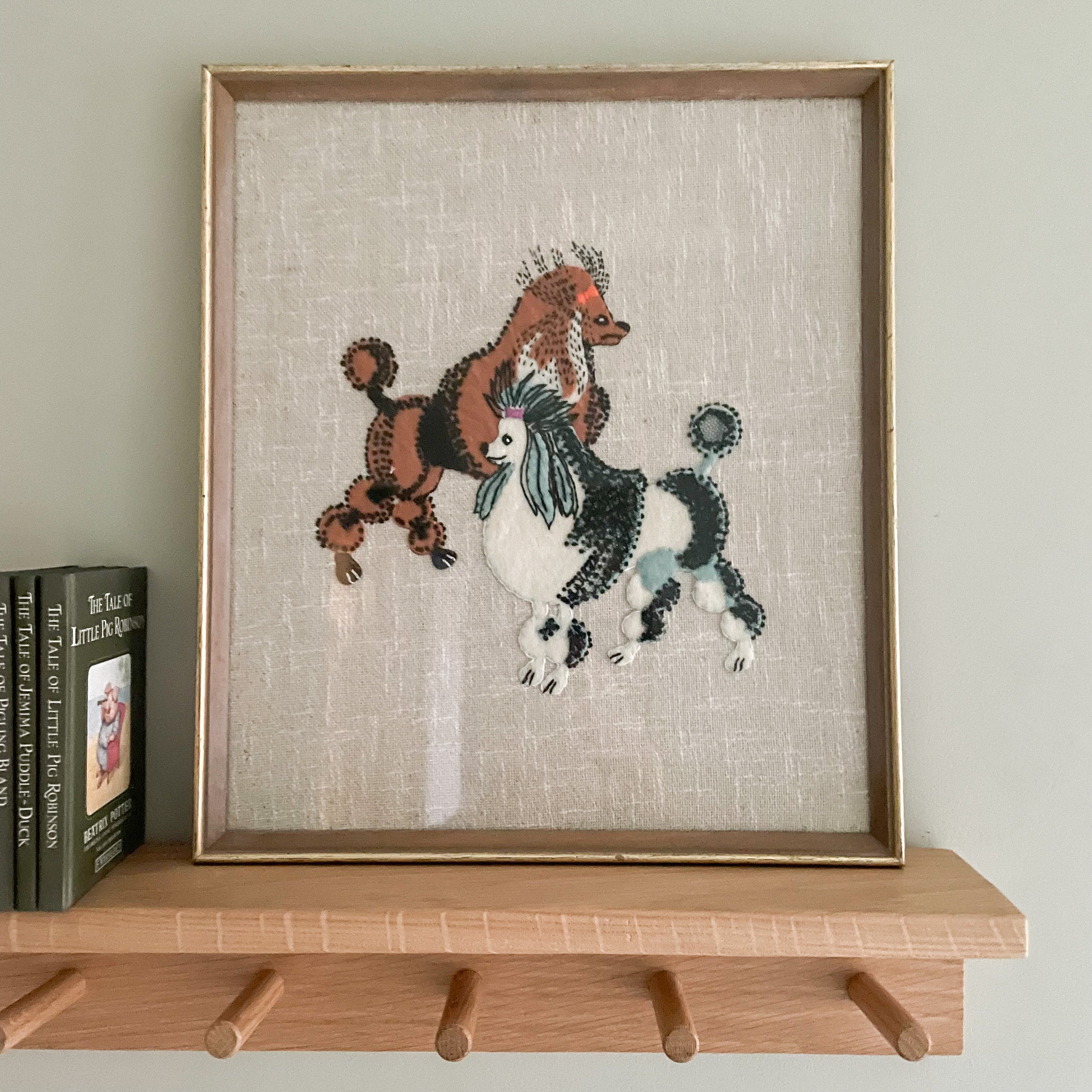 Vintage 1970s felt and mixed textile embroideries of a pair of poodle dogs - Moppet